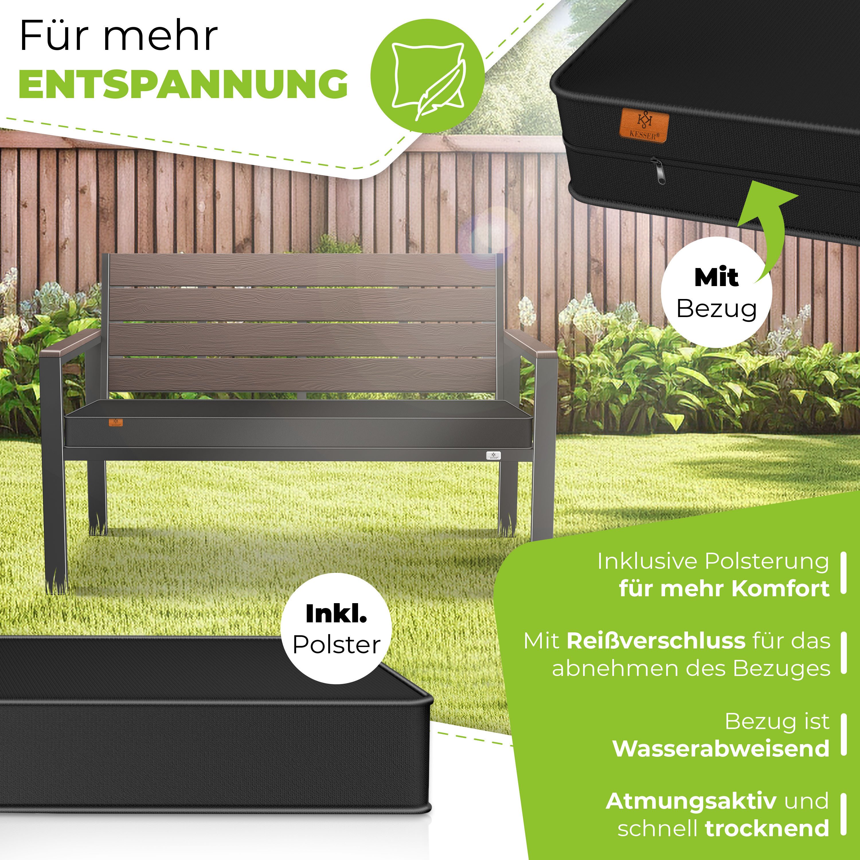 KESSER Gartenbank 2-Sitzer Balkonbank in Holzoptik bis 300 kg belastbar (Parkbank inkl. abnehmbarem & waschbarem Sitzpolster & Montagezubehör), UV-beständige Sitzbank für Garten, Terrasse & Balkon