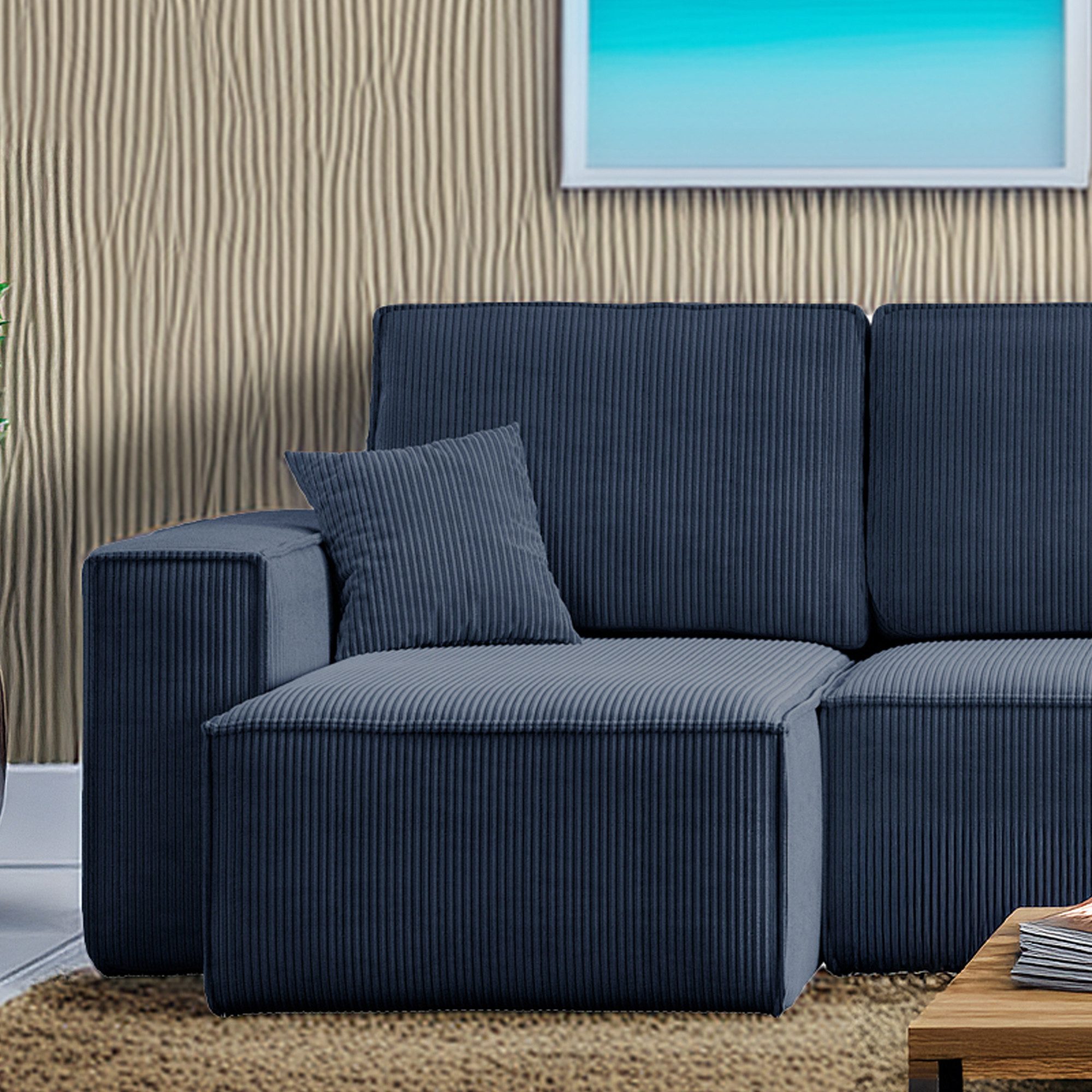 M-Punkt24 Wohnlandschaft COMO, mit Bett Sofa Schlafsofa Ottomane rechts links universell, Cord Blau