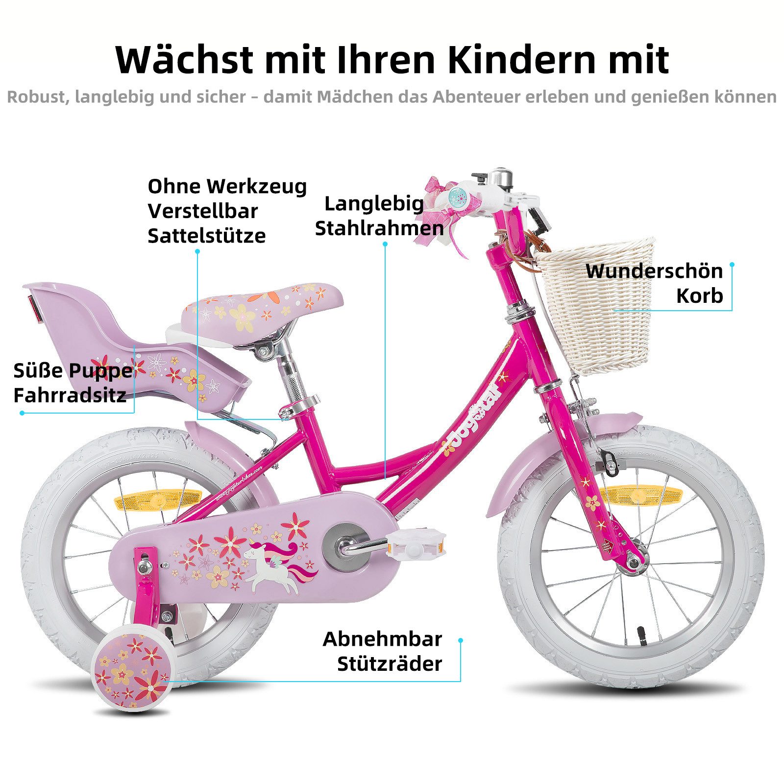JOYSTAR Kinderfahrrad 12 14 16 18 Zoll Mädchenfahrrad, 3 - 9 Jahre, Geschenk für Prinzessin, 1 Gang, Puppenradsitz & Stützrädern& Korbstreamer, 18 Zoll mit Stützrädern