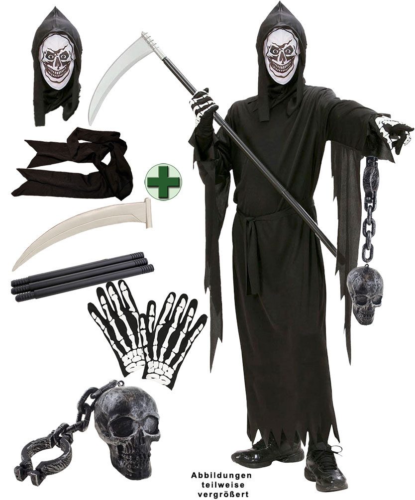 Karneval-Klamotten Kostüm Skelett Kinder Horror Maske u Totenkopf Halloween, Halloweenkostüm Kapuzenumhang schwarz Kinderkostüm Karneval Fasching