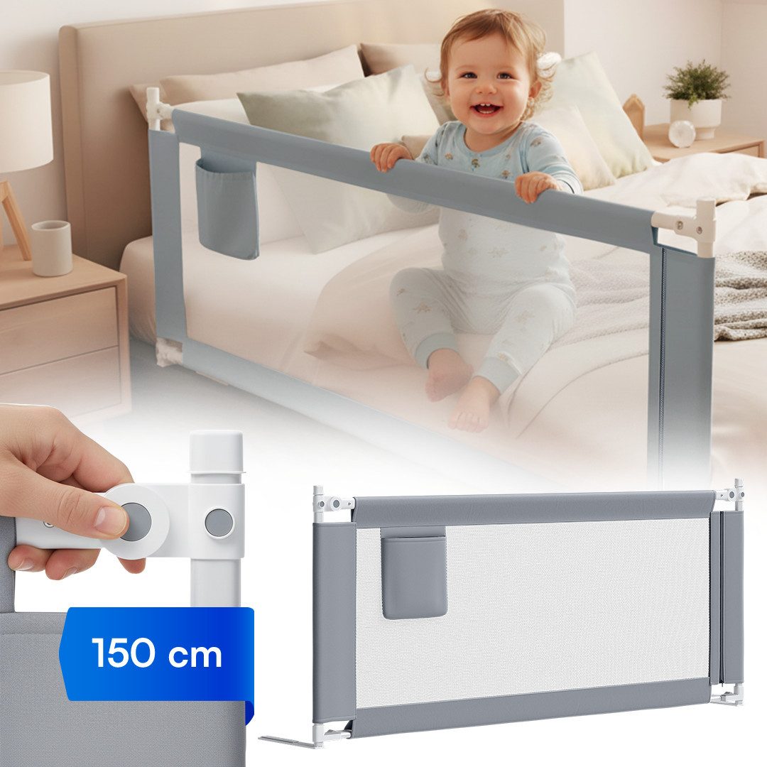 Bellabino Bettschutzgitter Drina höhenverstellbar 69–99 cm (Hellgrau), Rausfallschutz, klappbar & kombinierbar, verfügbar in B 150/180/200 cm
