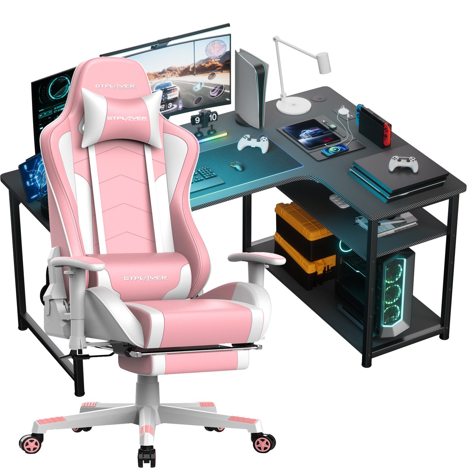 GTPLAYER Gamingtisch Gaming Tisch + Gaming Stuhl- Set, Computertisch Stuhl Set für Gaming, Multifunktionale Tische und Stühle