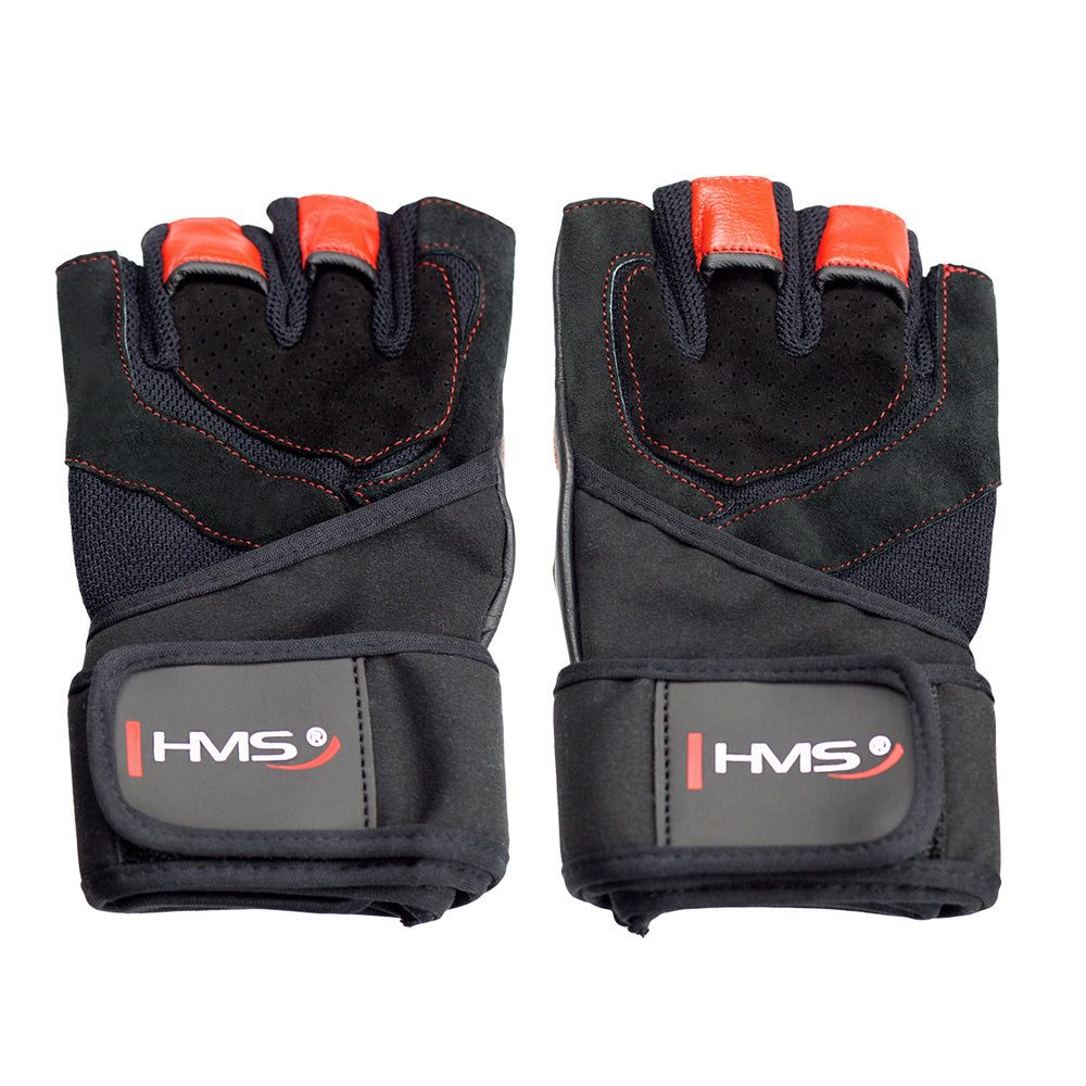 HMS Trainingshandschuhe Fitnesshandschuhe Sporthandschuhe Krafttraining (Spar-Set, 1-St., 1 Paar, Größe M) Leder, Silikongriff, Strickbündchen, Zuglaschen