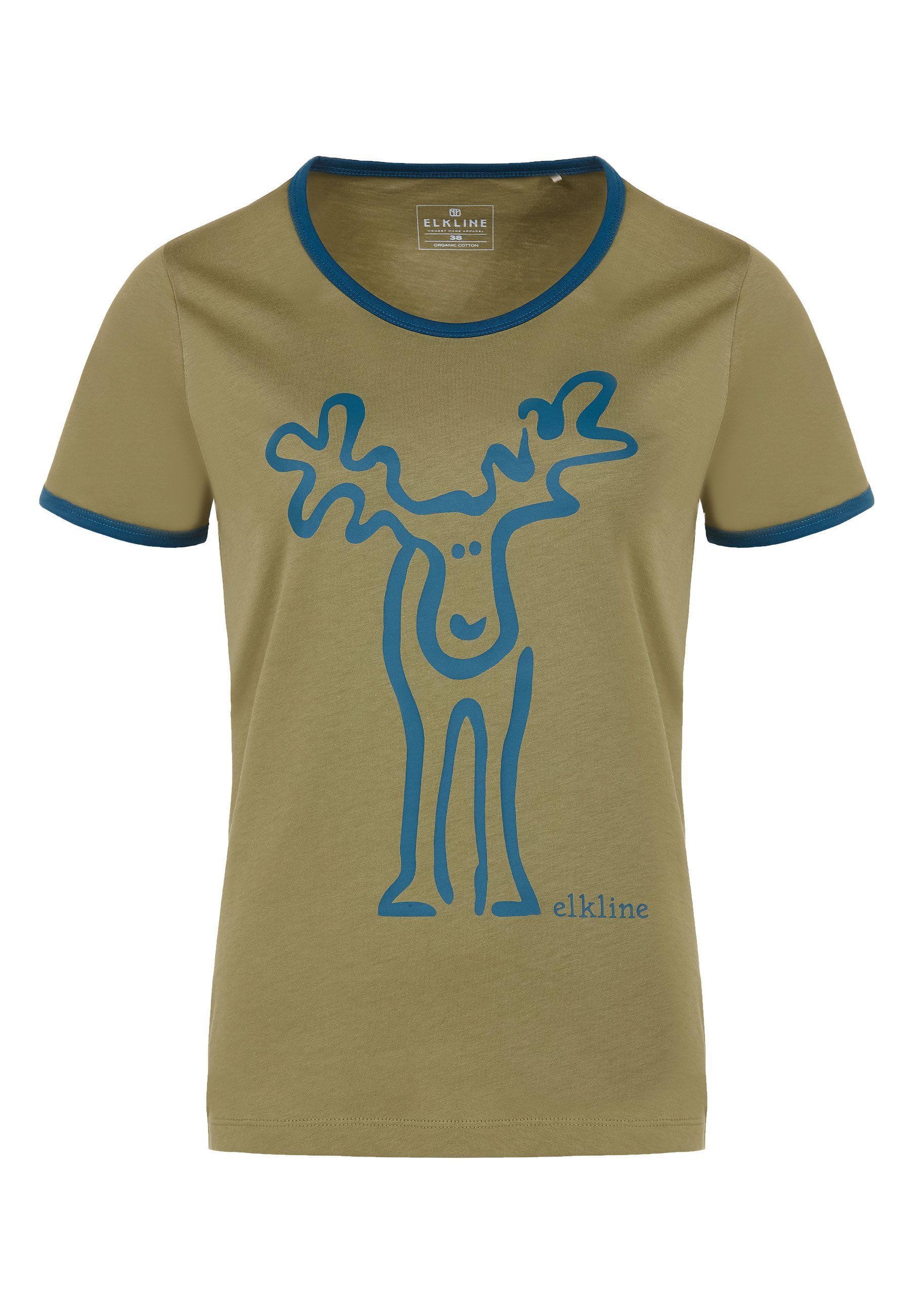 Elkline T-Shirt Rudolfine Retro Elch Brust und Rücken Print avocado - blue coral