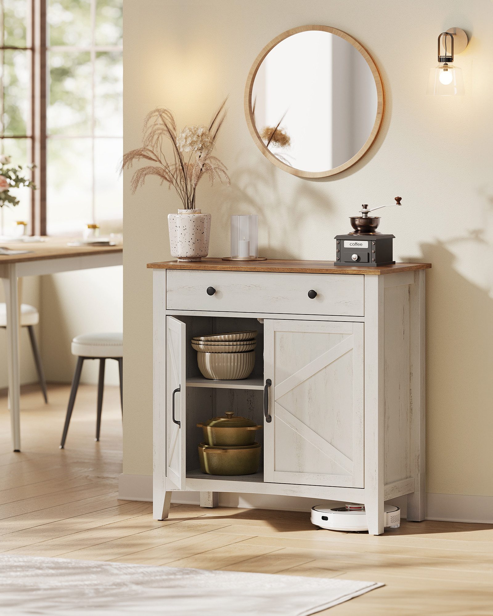 VASAGLE Buffet Küchenschrank, Sideboard mit Schubladen, verstellbare Ablage (für Wohnzimmer Küche Esszimmer, Flur, Wohnzimmer, Schlafzimmer, Büro) Aufbewahrungsschrank mit Türen, Landhausstil, für Wohnzimmer Küche