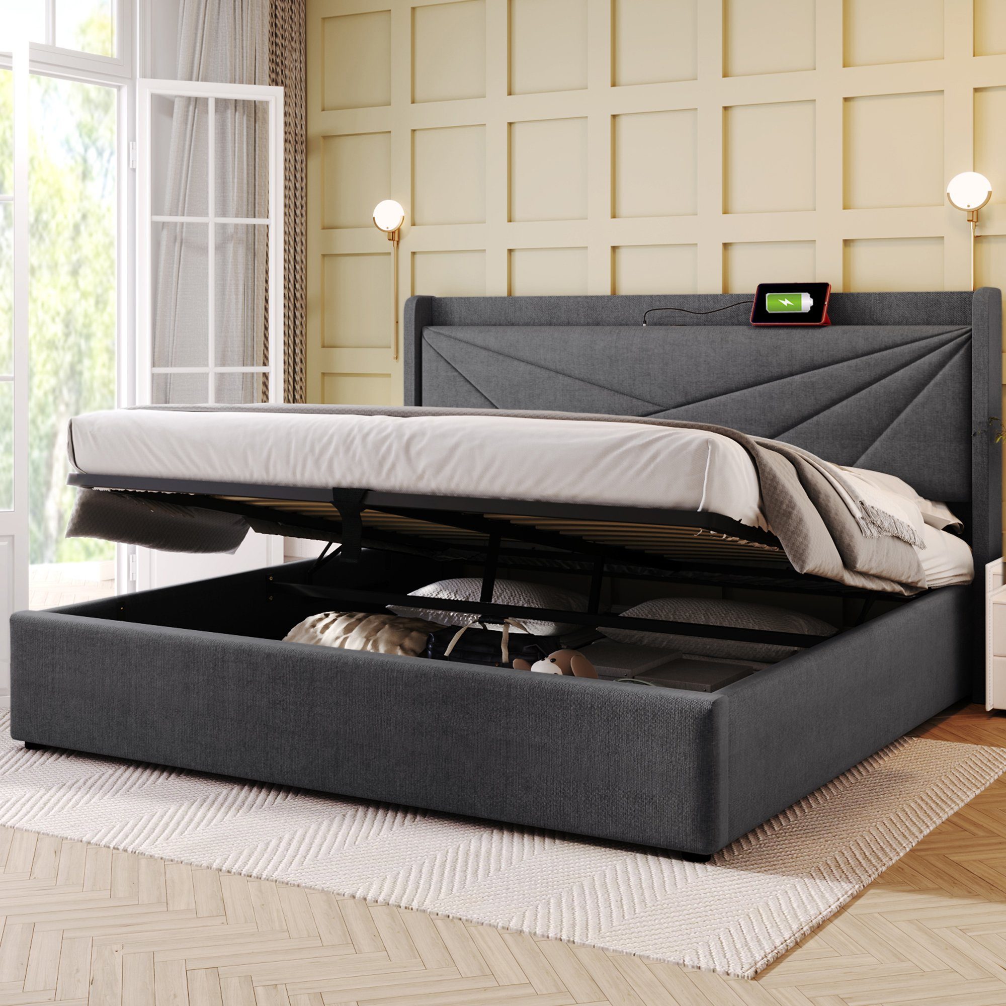 Polsterbett (Funktionsbett Hydraulisches Bett mit Lattenrost), Stauraumbett 160x200cm mit USB Typ C Ladefunktion Kopfteil, Leinen
