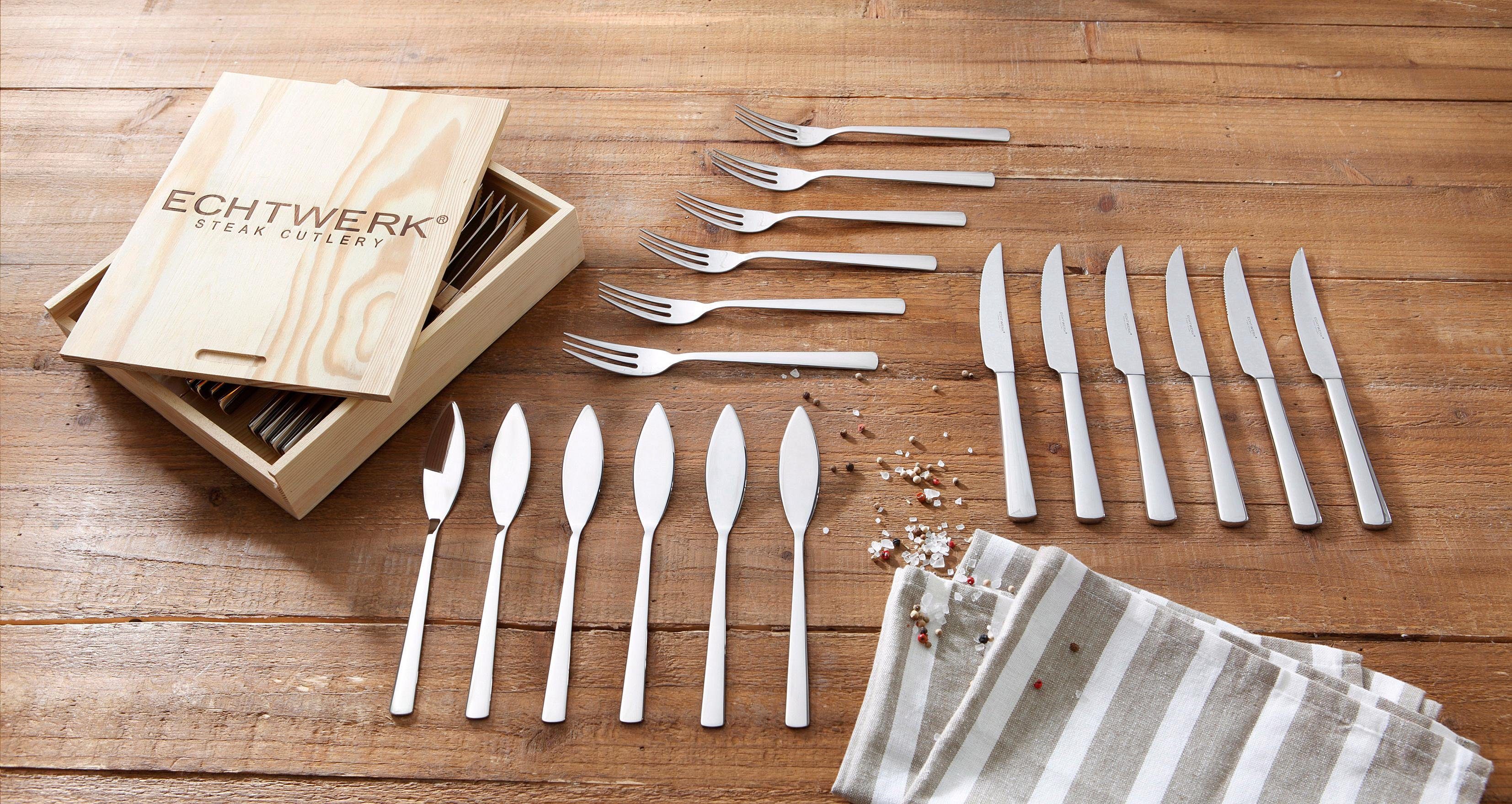 ECHTWERK Steakbesteck Sarre (18-tlg), 6 Personen, Edelstahl 18/10, Pizzabesteck, Grillbesteck, Holzkassette