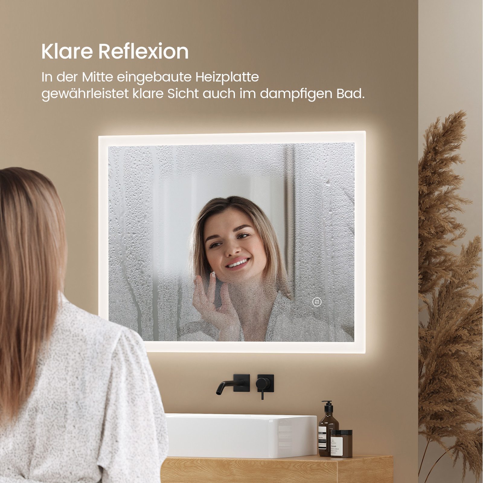 EMKE Badspiegel LED Badezimmerspiegel mit Beleuchtung Anti-Beschlag (Vertikal und Horizontal möglich, Touch-schalter, Wandschalter), 3 Lichtfarben Beschlagfrei  – Bild 4 von 5
