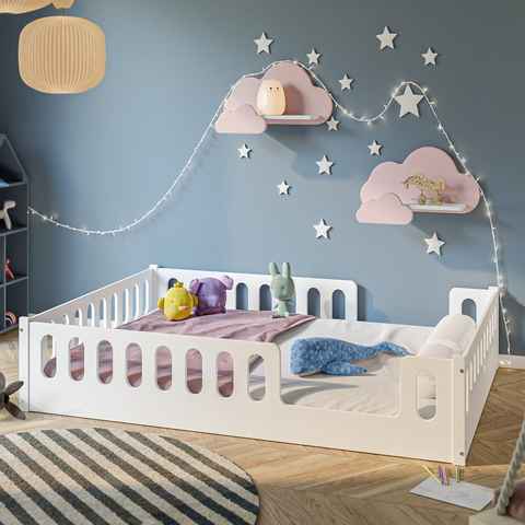 CADANI Kinderbett Monte 80x160 cm - 140x200 cm weiß (140x200, abnehmbarer Rausfallschutz), Bodenbett