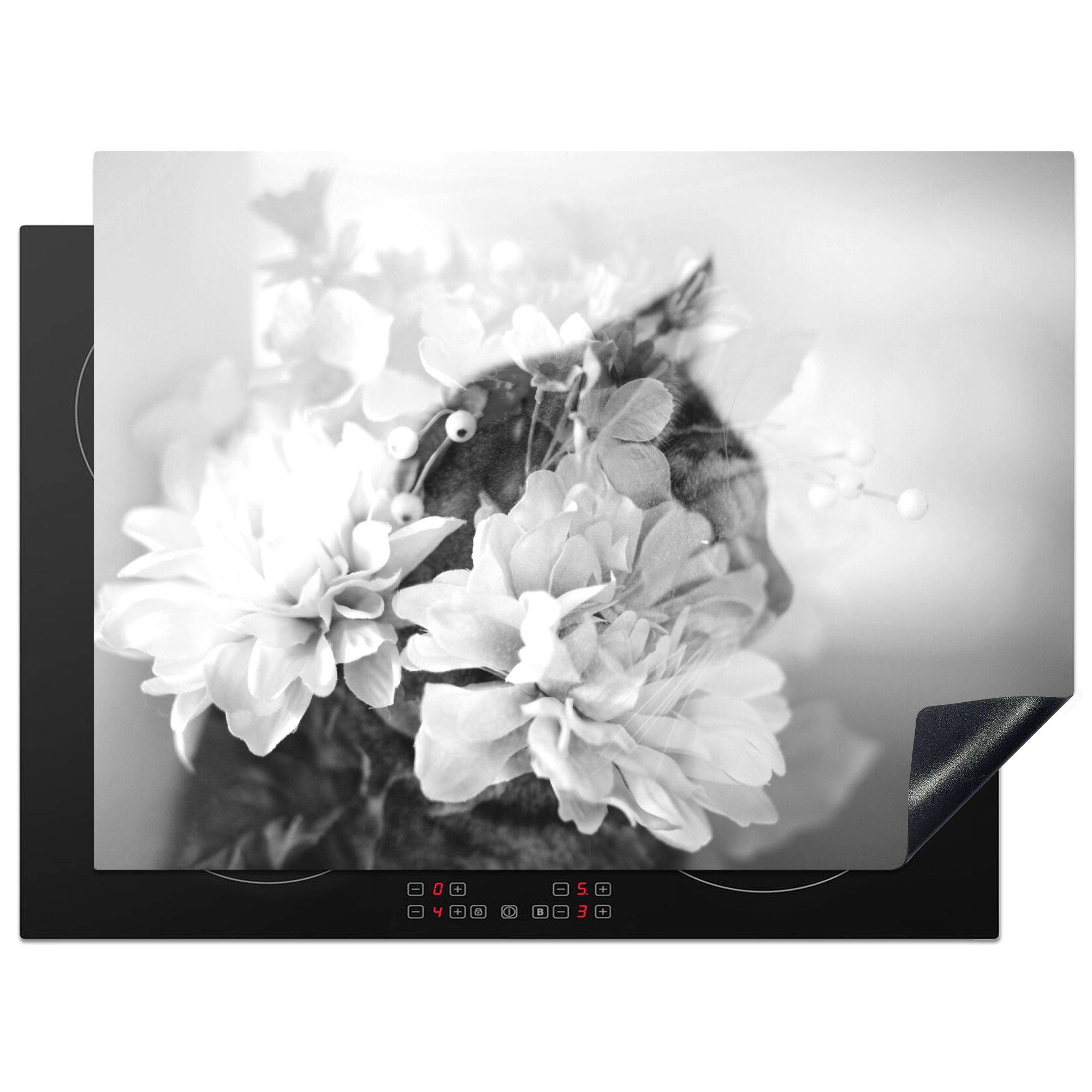MuchoWow Herdblende-/Abdeckplatte Doppelbelichtung Katze mit Blumen - schwarz und weiß, Vinyl, (1 tlg), 70x52 cm, Mobile Arbeitsfläche nutzbar, Ceranfeldabdeckung | Herdabdeckplatten