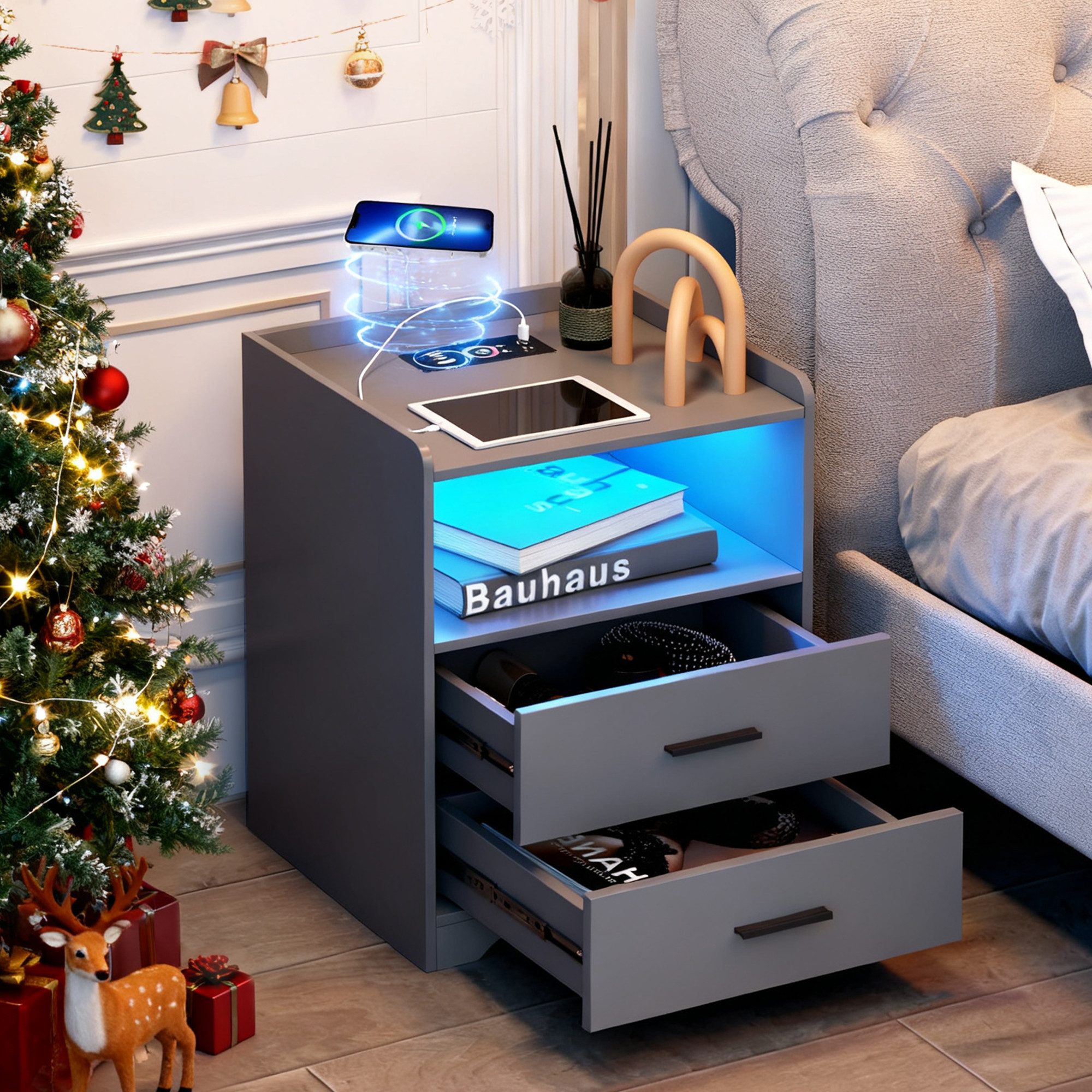 LVSOMT Nachttisch Moderne LED Nachttisch mit Ladestation und 2 Schubladen ( günstig online kaufen