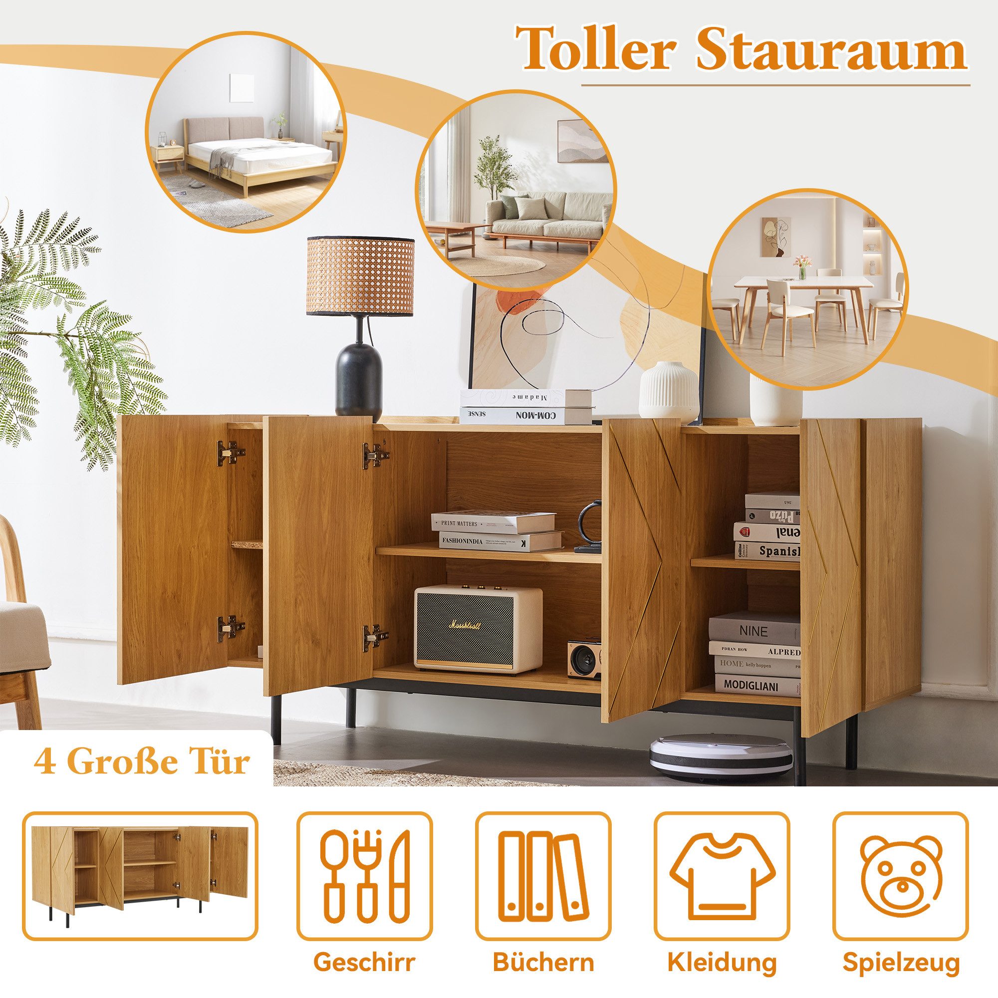 Flieks Sideboard mit 4 Türen (B160/T40/H78 cm, 1 St., für Wohnzimmer, Schlafzimmer, Esszimmer, Flur), Mehrzweckschrank mit verstellbare Einlegeböden Holzoptik,  – Bild 5 von 5