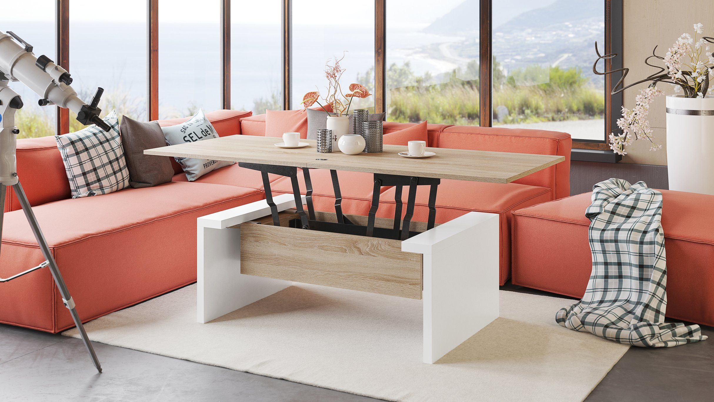 designimpex Couchtisch Space Sonoma Eiche-Weiß höhenverstellbar günstig online kaufen