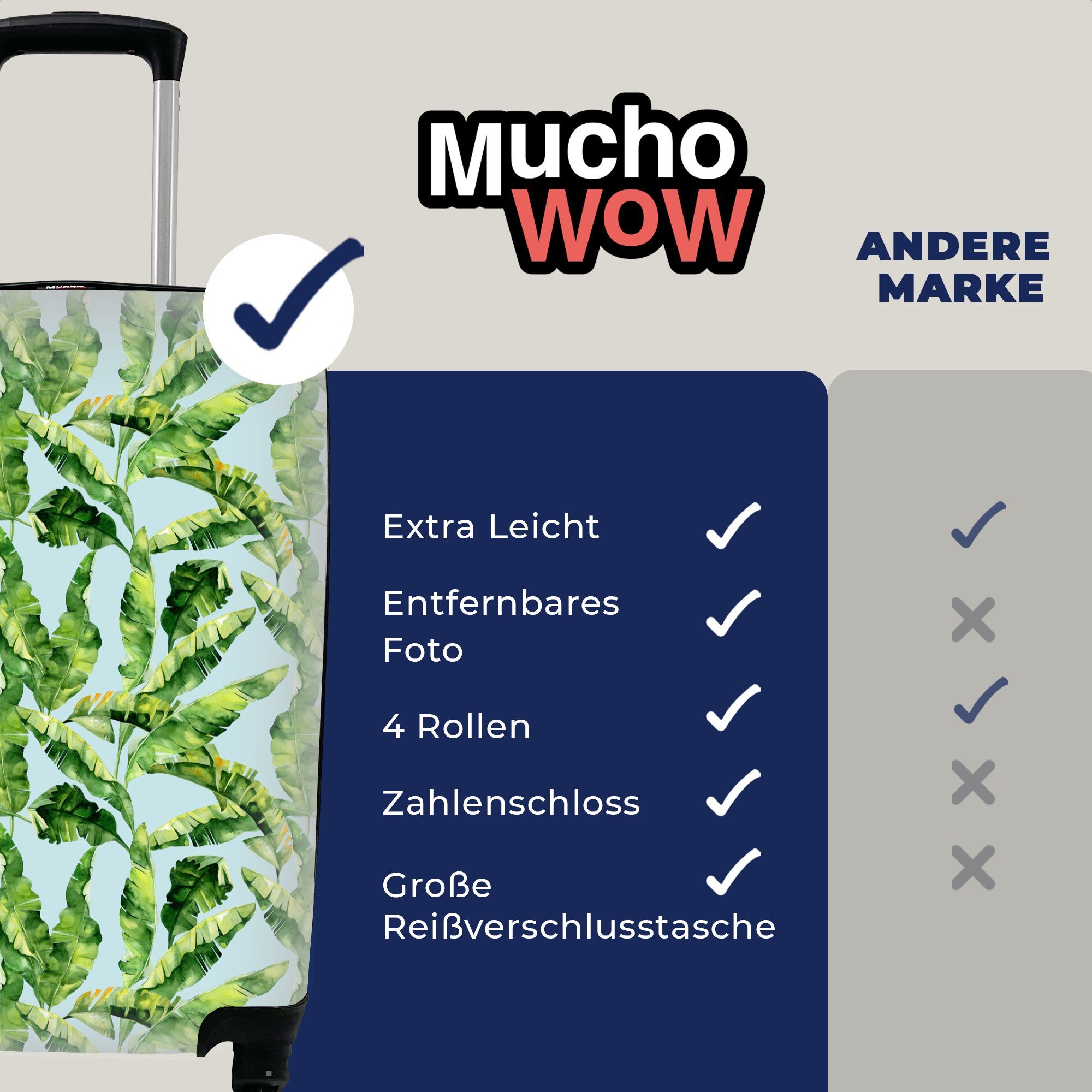 MuchoWow Handgepäckkoffer Vintage Blätter, - für Grün 4 Handgepäck mit Ferien, Reisetasche Reisekoffer rollen, Trolley, - Rollen