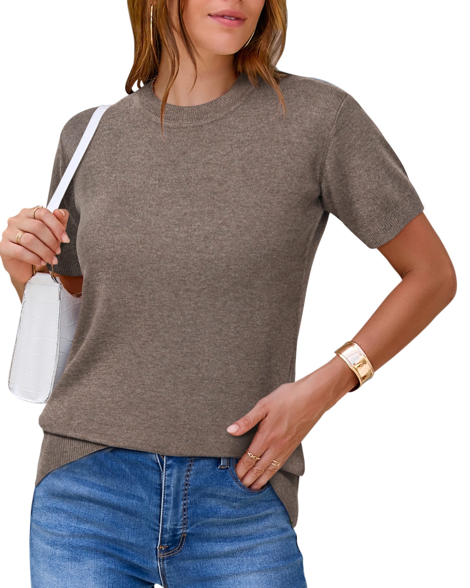 Arach&Cloz Strickpullover Damen Pullover Wolle Strickpullover Rundhals Strick Top Kurzarmshirt