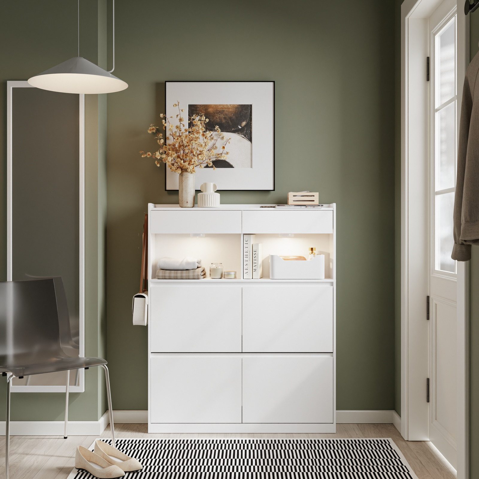 SoBuy Schuhschrank FSR224-E, Schrank schmal hoch, LED-Licht mit Haken (1er Set) Mit 2 Schubladen, 12 Fächern und automatischer Beleuchtung für Flur