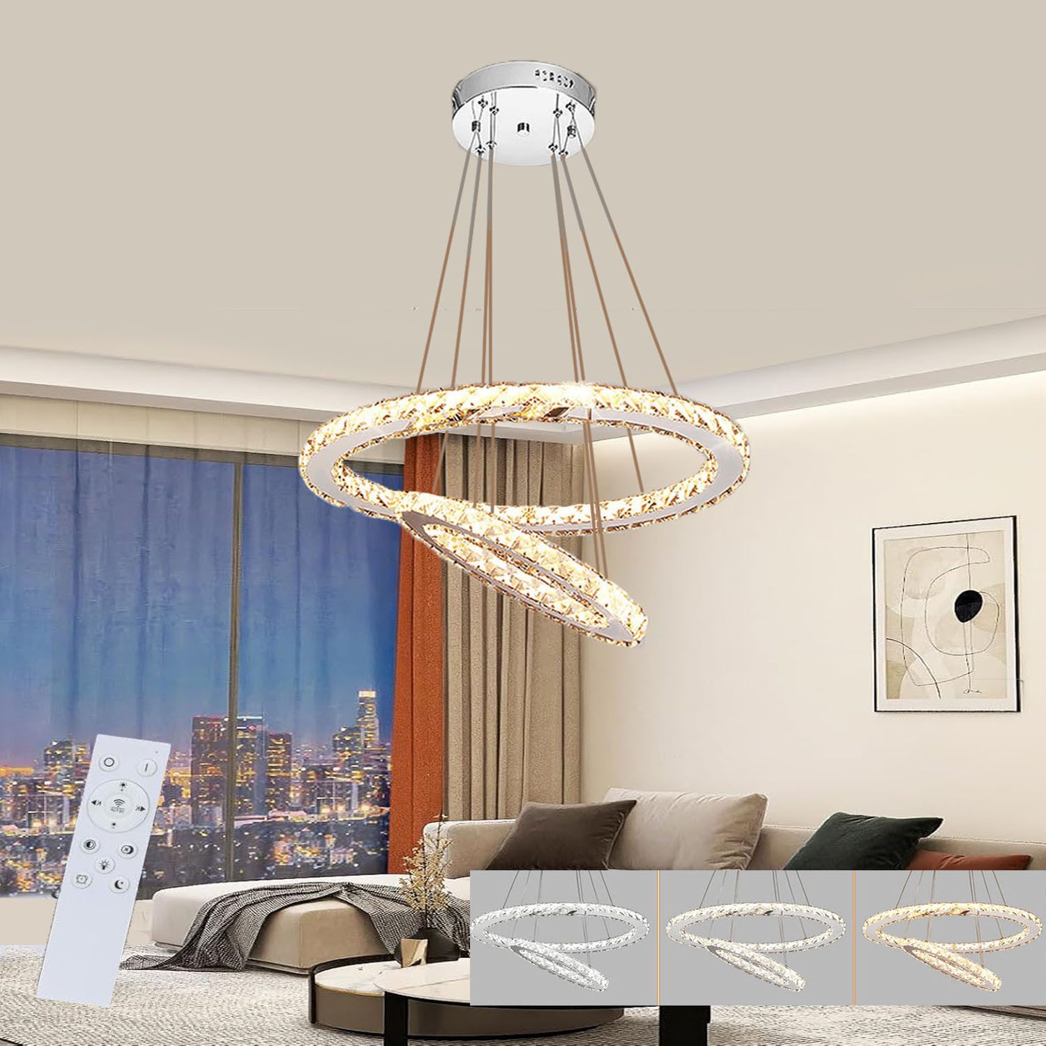 oyajia LED Deckenleuchte Moderne Oval Kristall Deckenlampe, Dimmbare Doppelring Pendelleuchte, LED fest integriert, Warmweiß, Naturweiß, Kaltweiß, Höhenverstellbar Kronleuchter, für Wohnzimmer Schlafzimmer Hotel