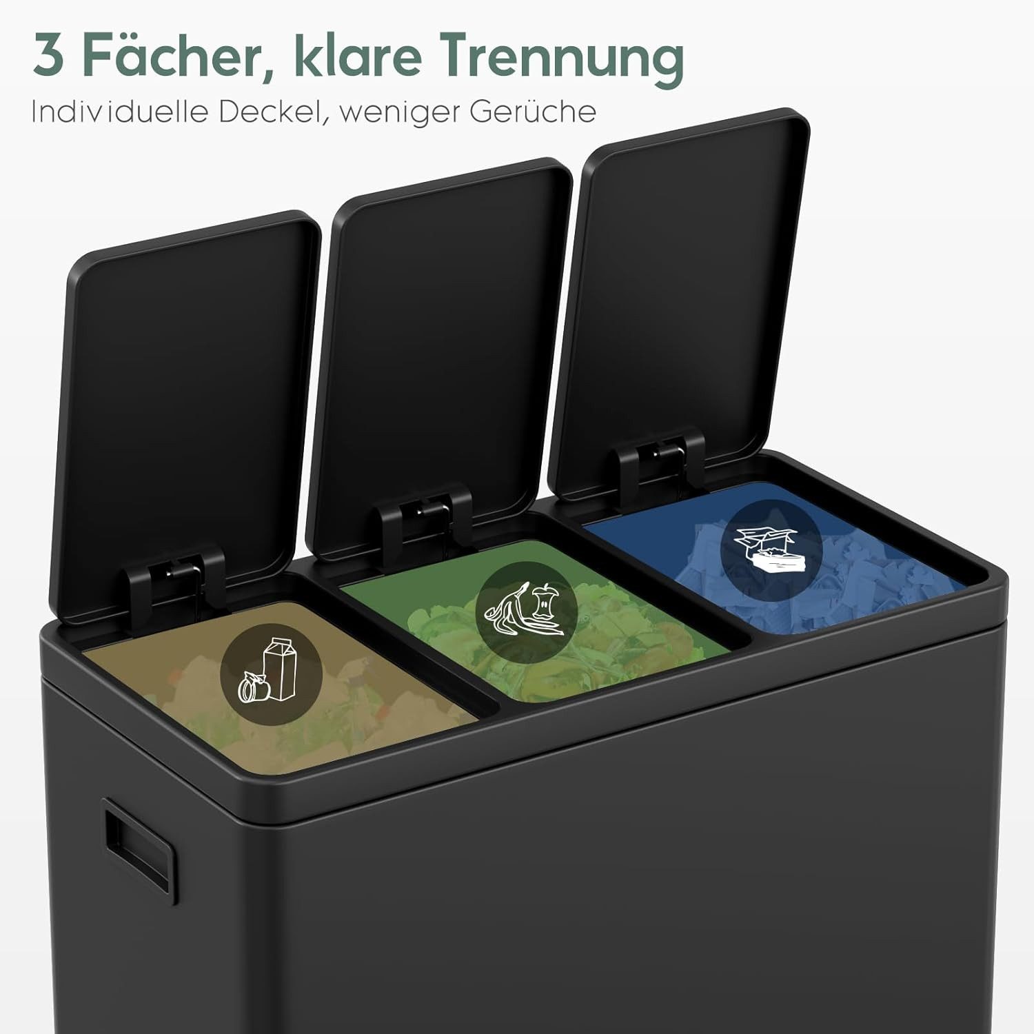 TLGREEN Mülltrennsystem 3×15L aus Stahl,Mülleimer 3 Fächer mit Soft-Close-Deckeln,Abfalleimer mit Herausnehmbare Inneneime – Bild 5 von 5