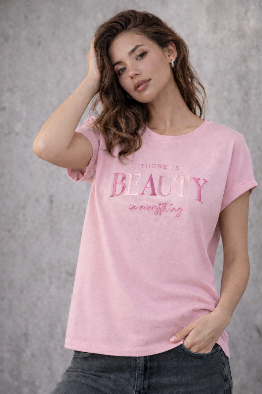 SUBLEVEL T-Shirt Damen Shirt Turn-Up Ärmel Weiches Basic Shirt Rundhals Kurzarm Baunwolle Modal Mix, super soft, unifarben, markenlogo