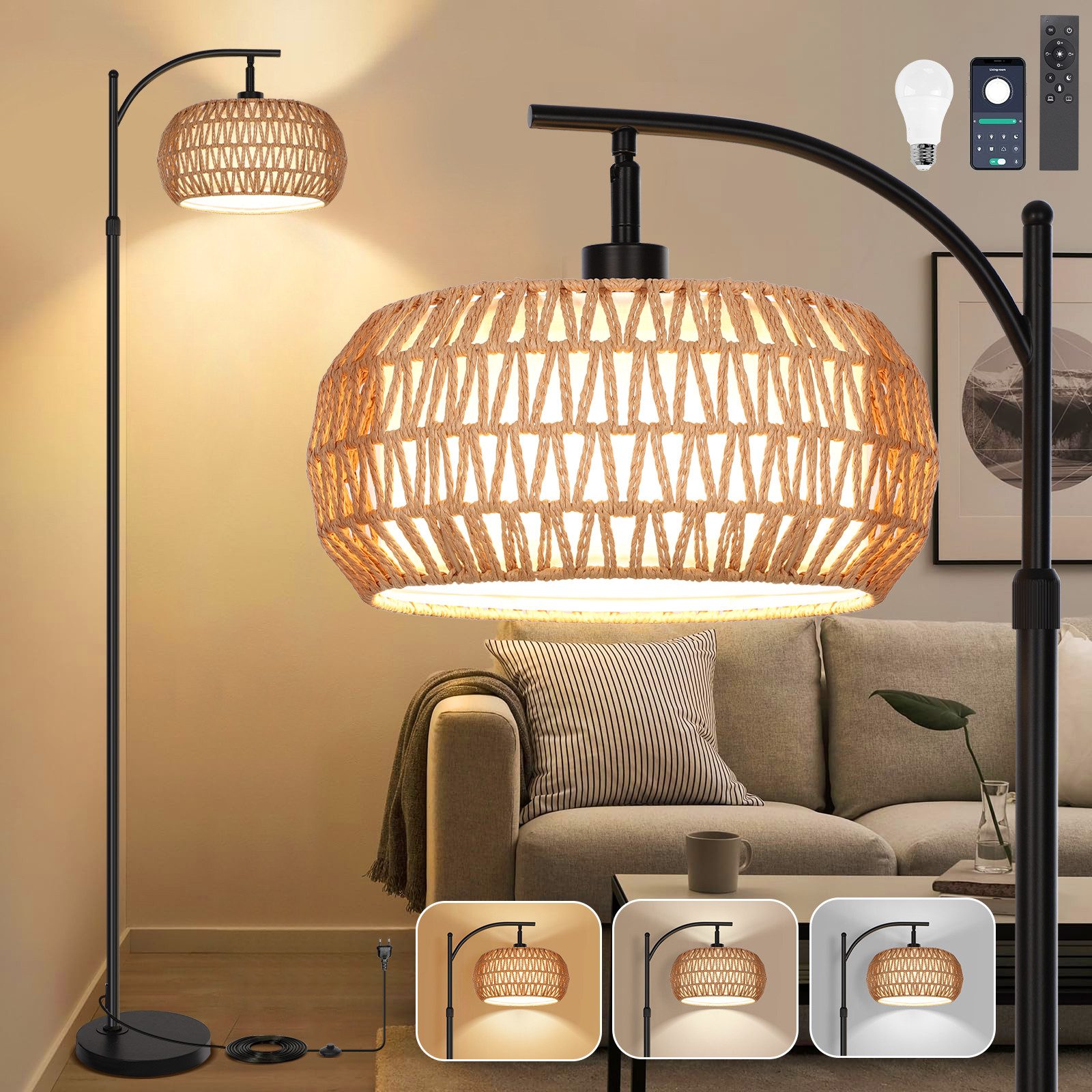 Merry 2024 Bogenlampen LED Stehleuchten Dimmbare,Rattan Stehlampe mit Fernbedienung, Stoff-Doppellampenschirme,Stehlampe für Schlafzimmer, Wohnzimmer