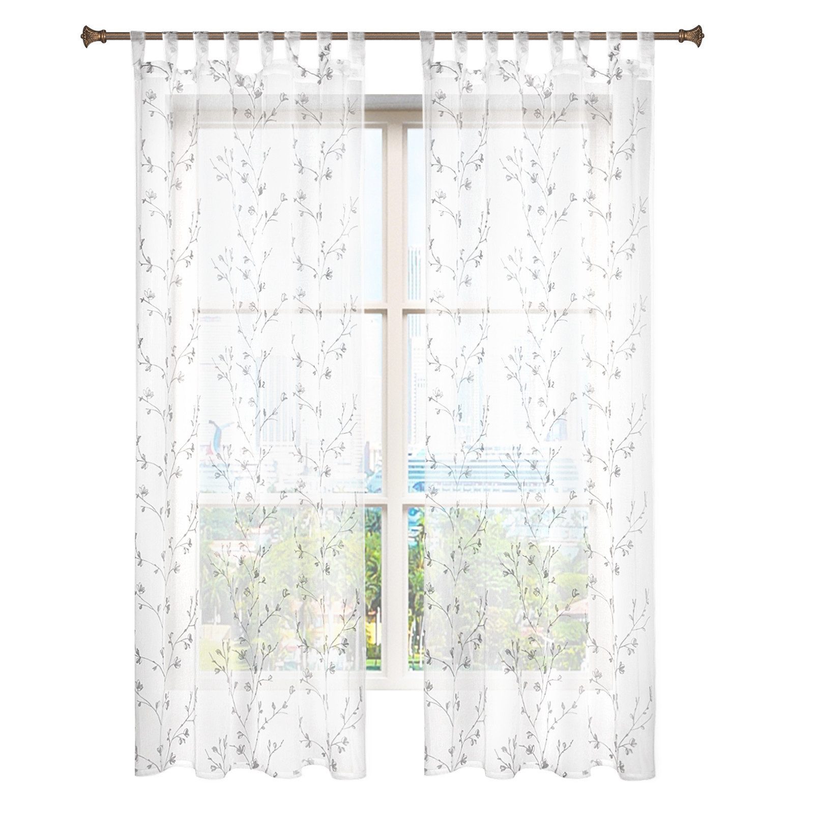 Woltu Gardine (2 St), halbtransparent, Blumen Stickerei mit Schlaufen Leinen Optik