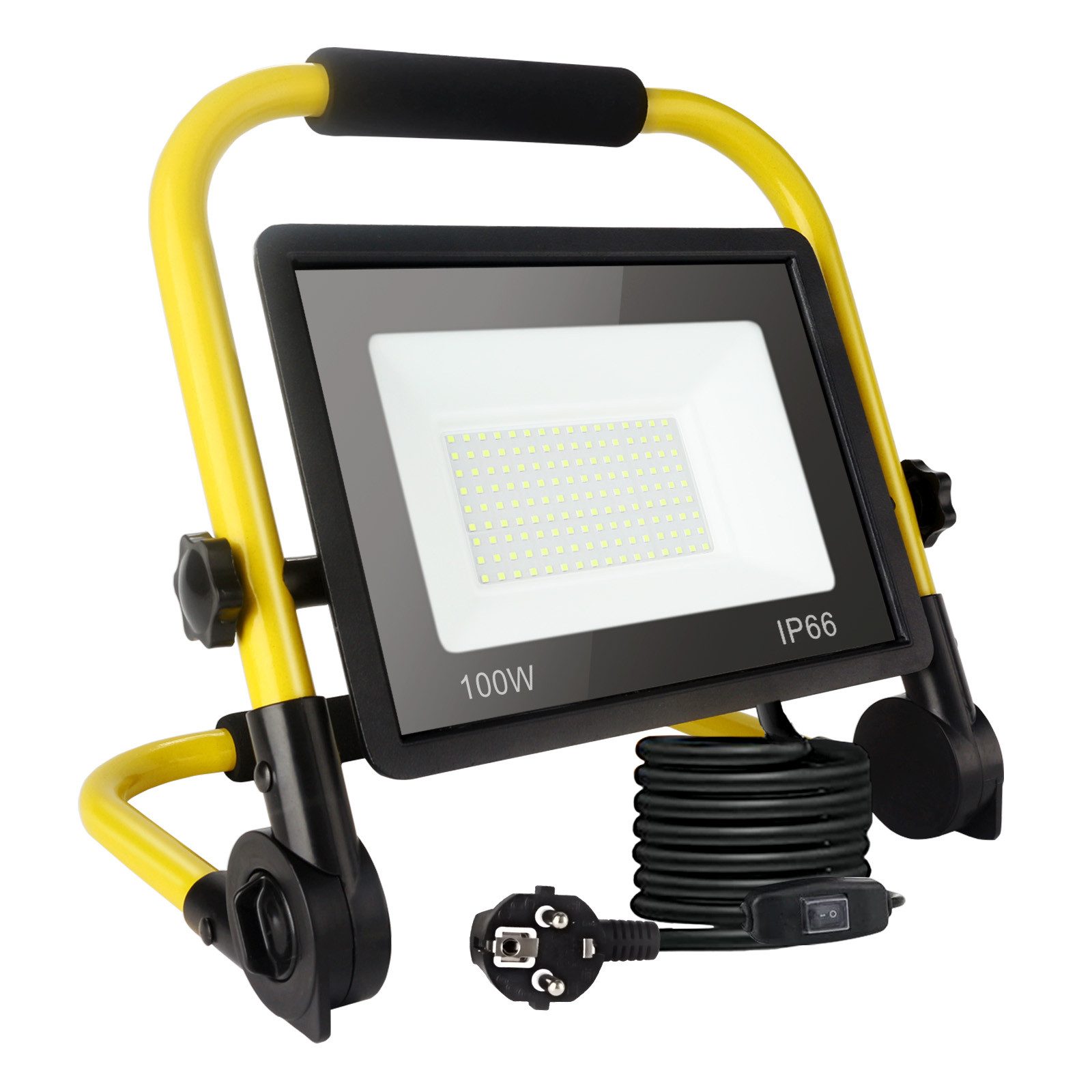 POPOLIC LED Baustrahler Tragbare Baustellenleuchte mit Aluminium-Gehäuse, 100W, IP66 wasserdicht, Baustellenbeleuchtung mit 3,5 m Kabel und EU-Stecker für Werkstatt und Garage, 100-W-LED-Baustellenstrahler, 10800 lm Arbeitsscheinwerfer