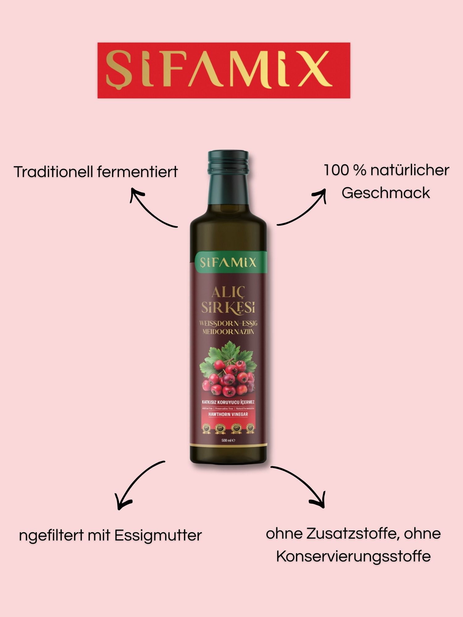 ADELSHOP Essig Sifamix Weißdorn-Essig - Traditionell Fermentiert & Naturrein, 500 ml, Naturtrüb, mit Essigmutter, ohne Zuckerzusatz