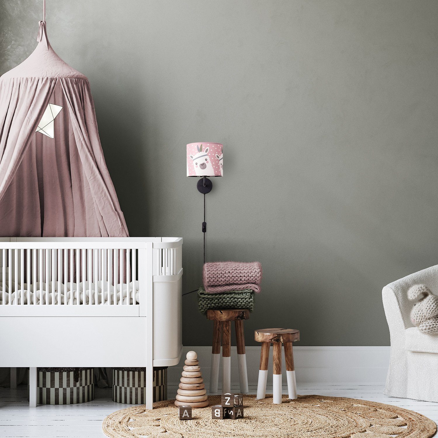 Paco Home Wandleuchte Ela 214, ohne Leuchtmittel, Kinderlampe Wandlampe Mit Schalter Ø…18cm Lama Rosa Grau Kabel 3m E14