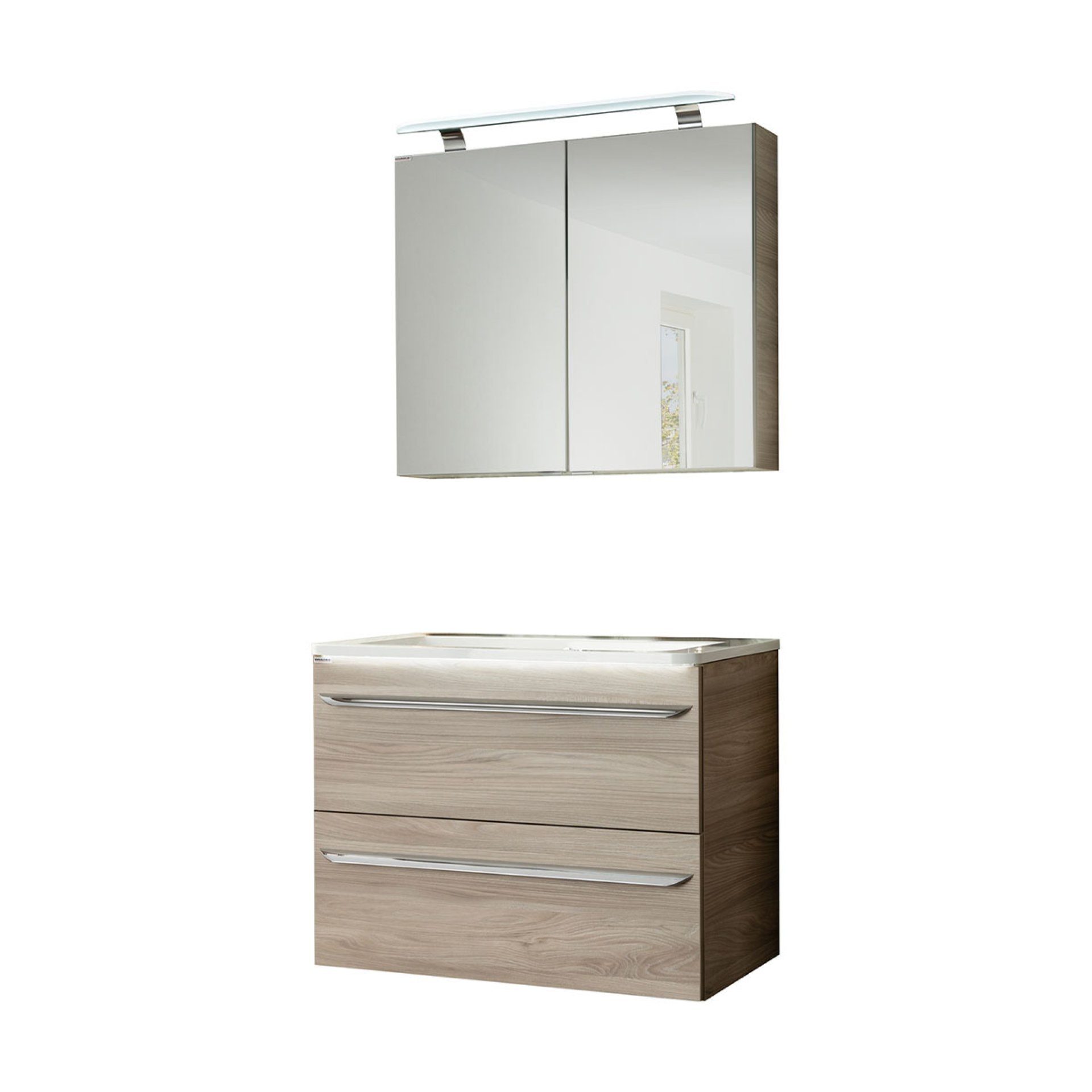 FACKELMANN Badmöbel-Set LUXOR Badmöbel Set 3-teilig 80 cm, Braun + LED-Spiegelschrank