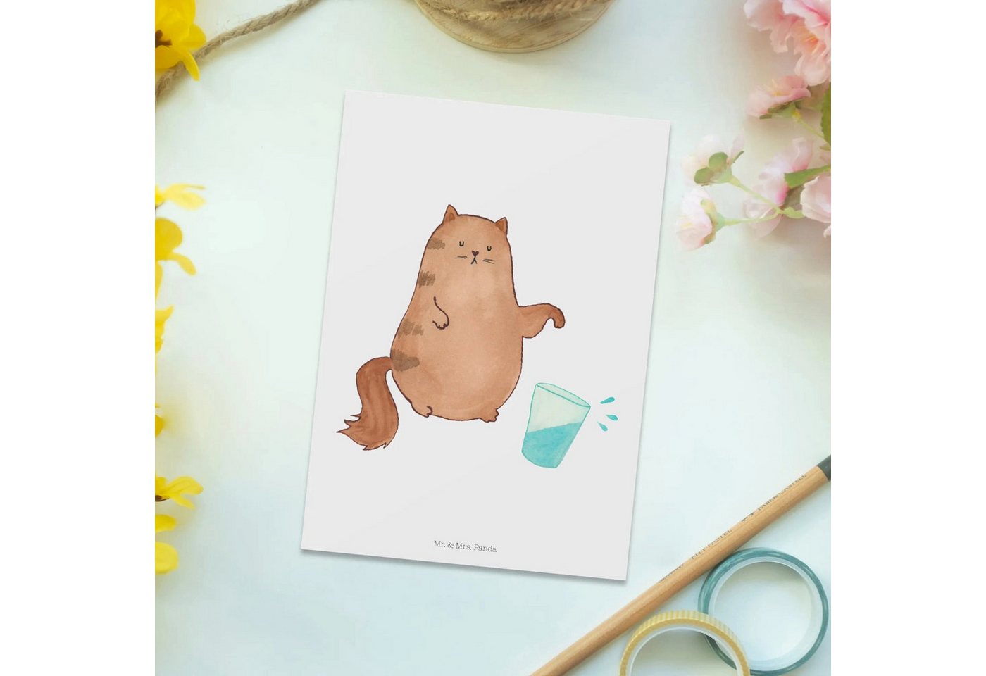 Thumbnail - Mr. & Mrs. Panda Postkarte Katze Wasserglas - Weiß - Geschenk, Postkarte, Einladungskarte, narti, Lustige Sprüche