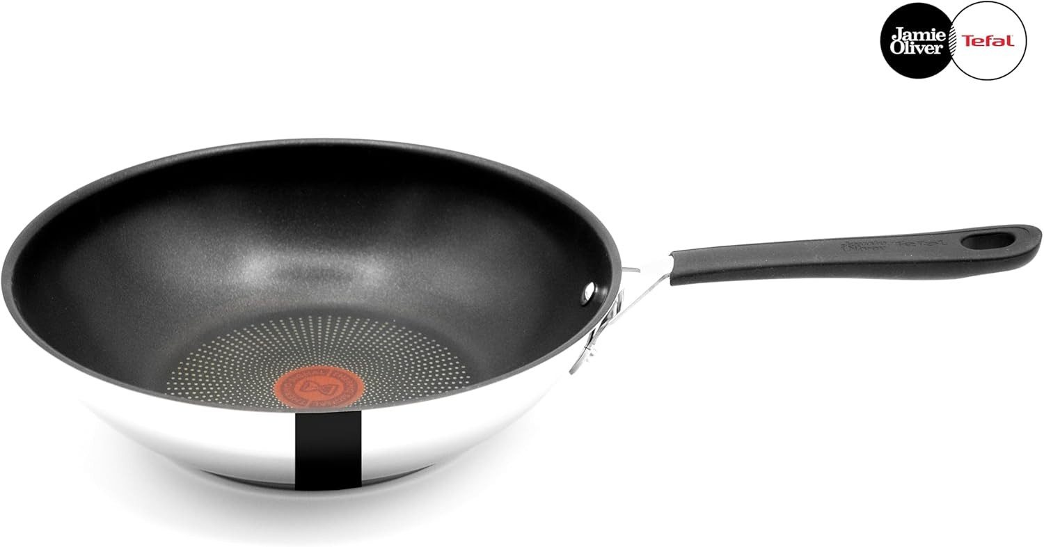 Tefal Wok Jamie Oliver E30 Wokpfanne 28cm Induktion, 3 Tlg, Antihaft, Wok Pfanne, Edelstahl 18/10 (Pfanne, Bratpfannen Set, Pfannenset, Wok, Wokpfanne, Schmorpfanne), Ohne Fett