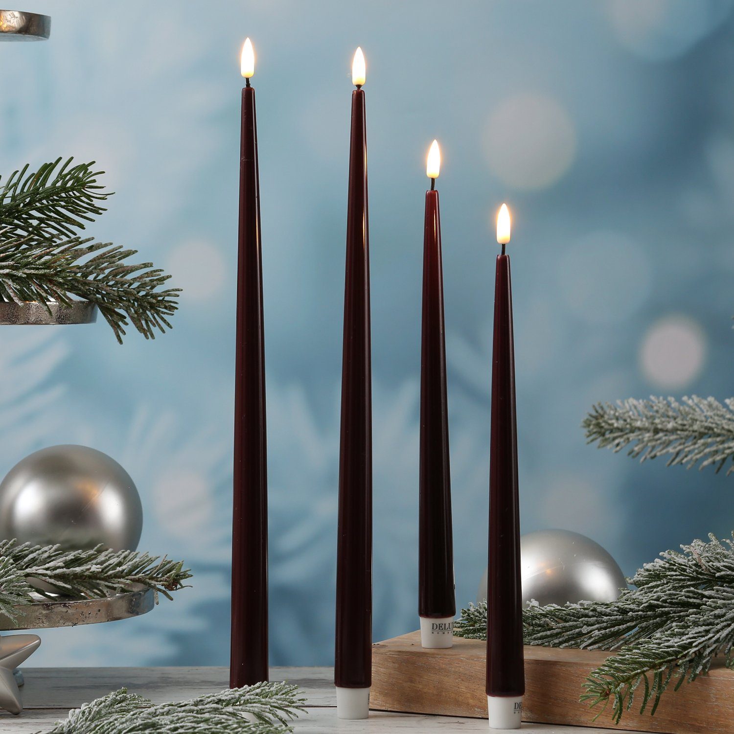 Deluxe Homeart LED-Kerze LED Stabkerzen ELLA Deluxe Tafelkerze flackernd H: 28cm weinrot 2St., LED Classic, warmweiß (2100K bis 3000K)