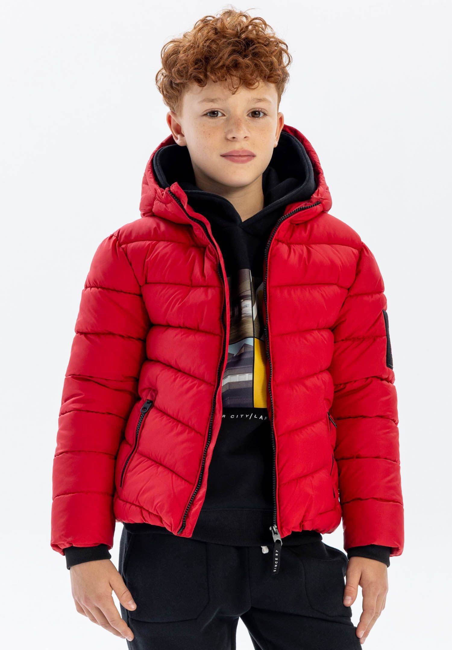 MINOTI Winterjacke Steppjacke mit Kapuze und reflektierendem Print (2y-14y)