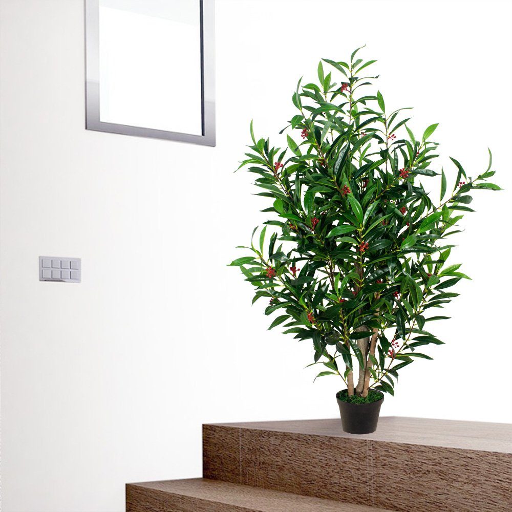 Decovego Decovego, Kirschlorbeer Kunstpflanze Naturholz Pflanze Kunstbaum 120cm Kunstpflanze Künstliche