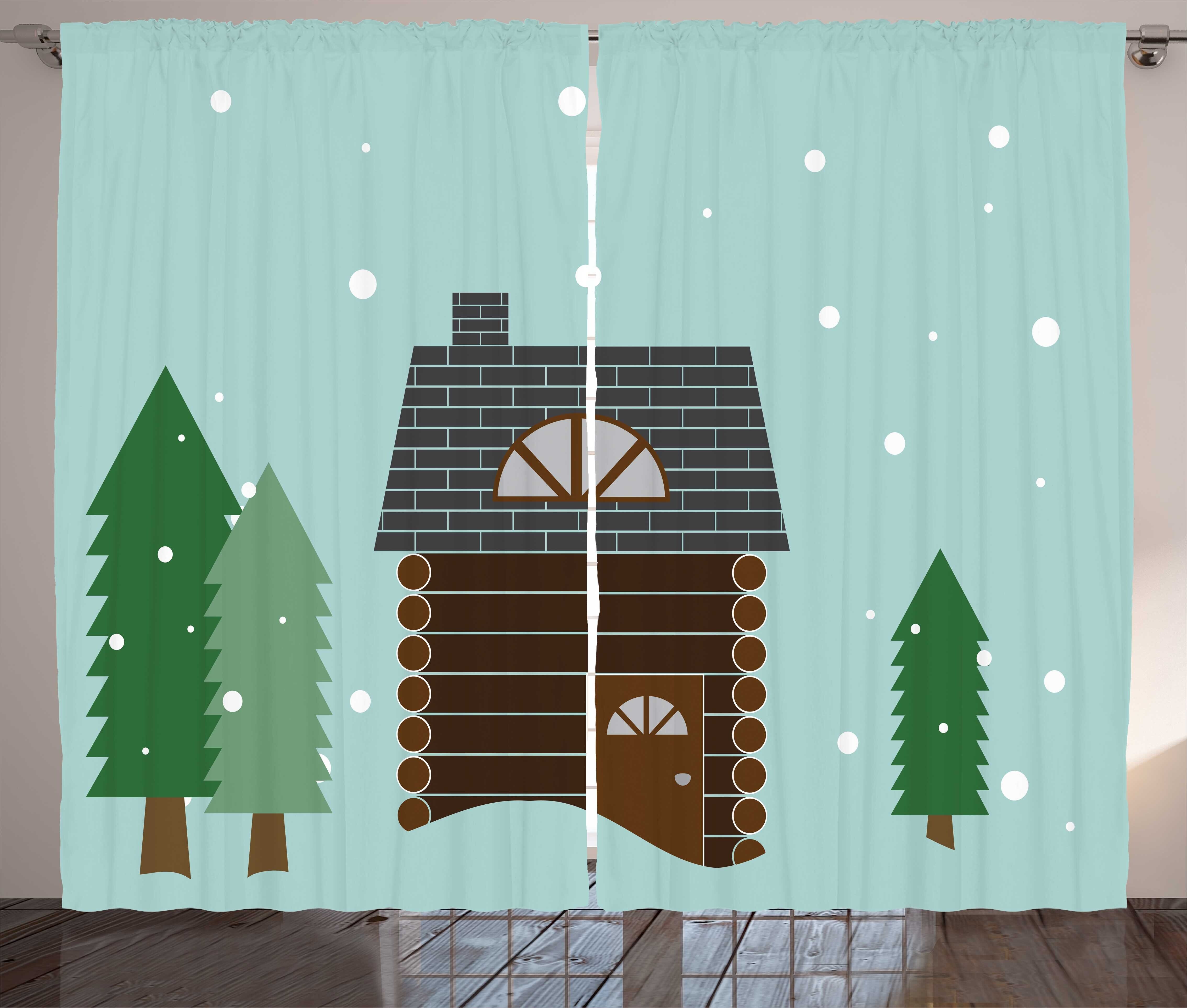 Gardine Schlafzimmer Kräuselband Vorhang mit Schlaufen und Haken, Abakuhaus, Blockhaus Cabin in der Snowy-Landschaft