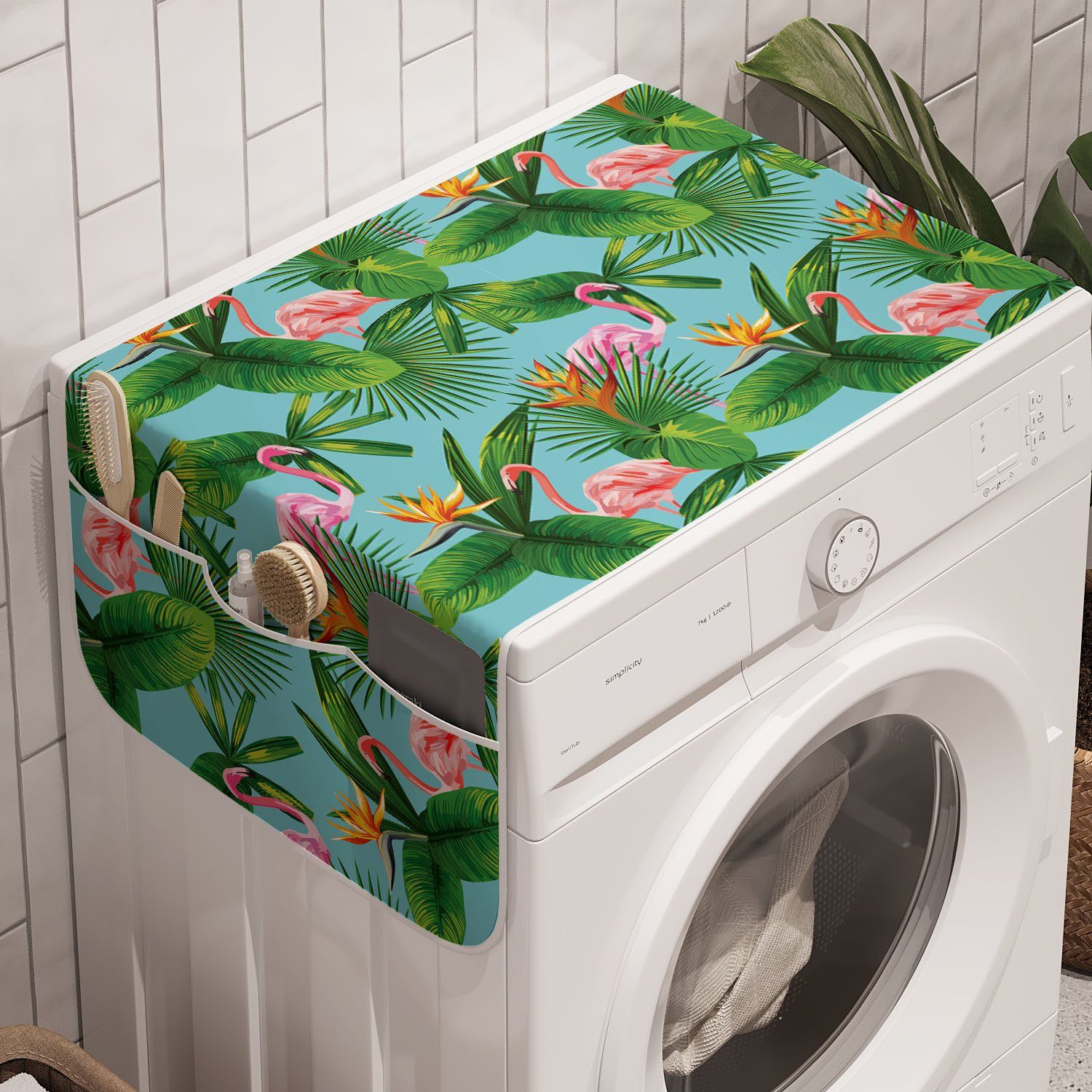 Abakuhaus Badorganizer Anti-Rutsch-Stoffabdeckung für Flamingos und Waschmaschine Trockner, Tropisch Blätter-Muster