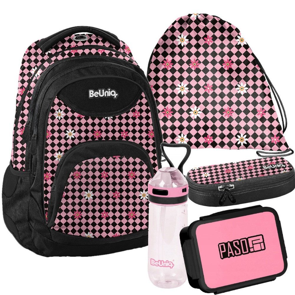 PASO Schulrucksack (Schulset, 5-tlg), Gitter Mega Set 5-teilig – Rosa