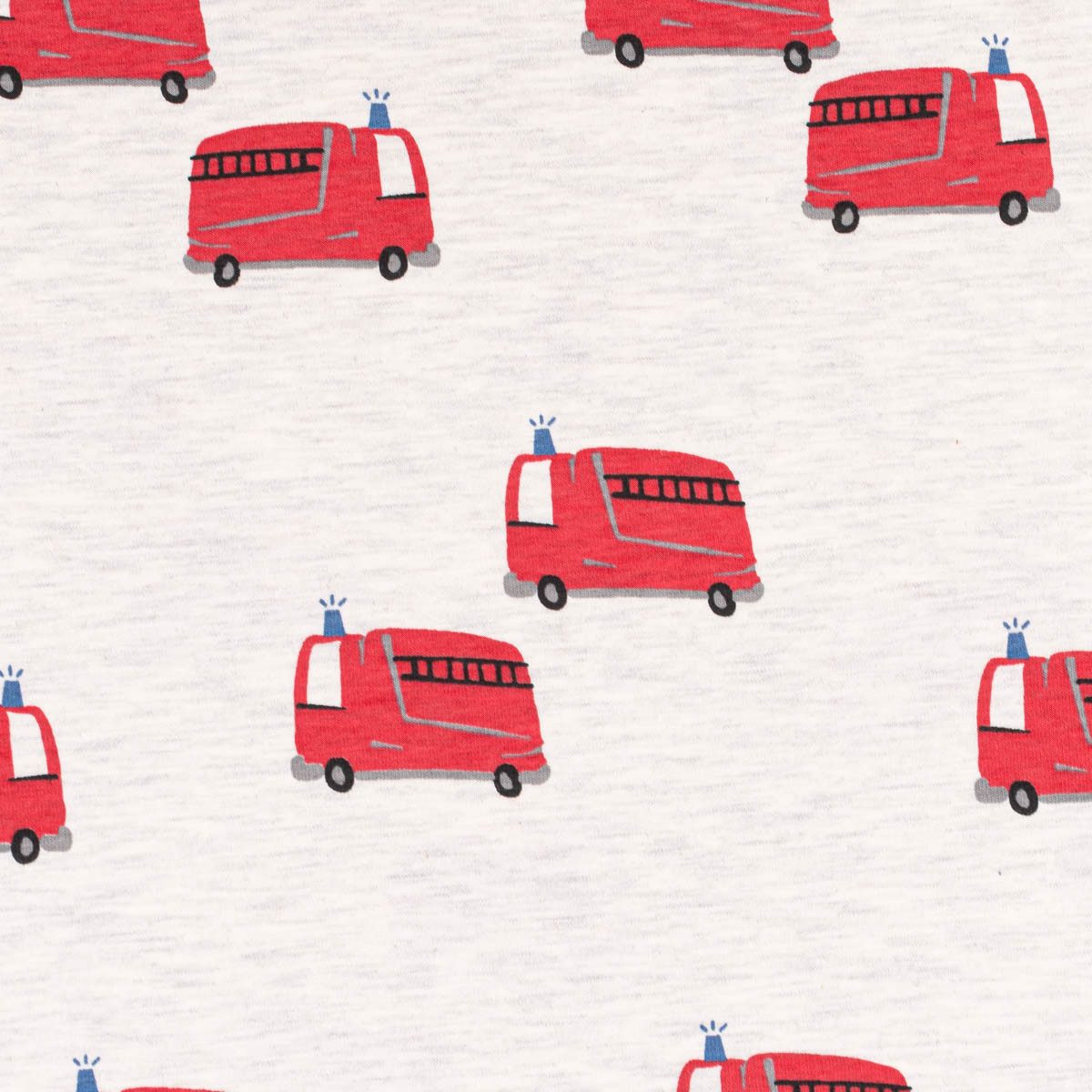 SCHÖNER LEBEN. Stoff Jersey Stoff Melange FIRETRUCKS Feuerwehr Fahrzeuge ecru rot 1,45m Br., allergikergeeignet