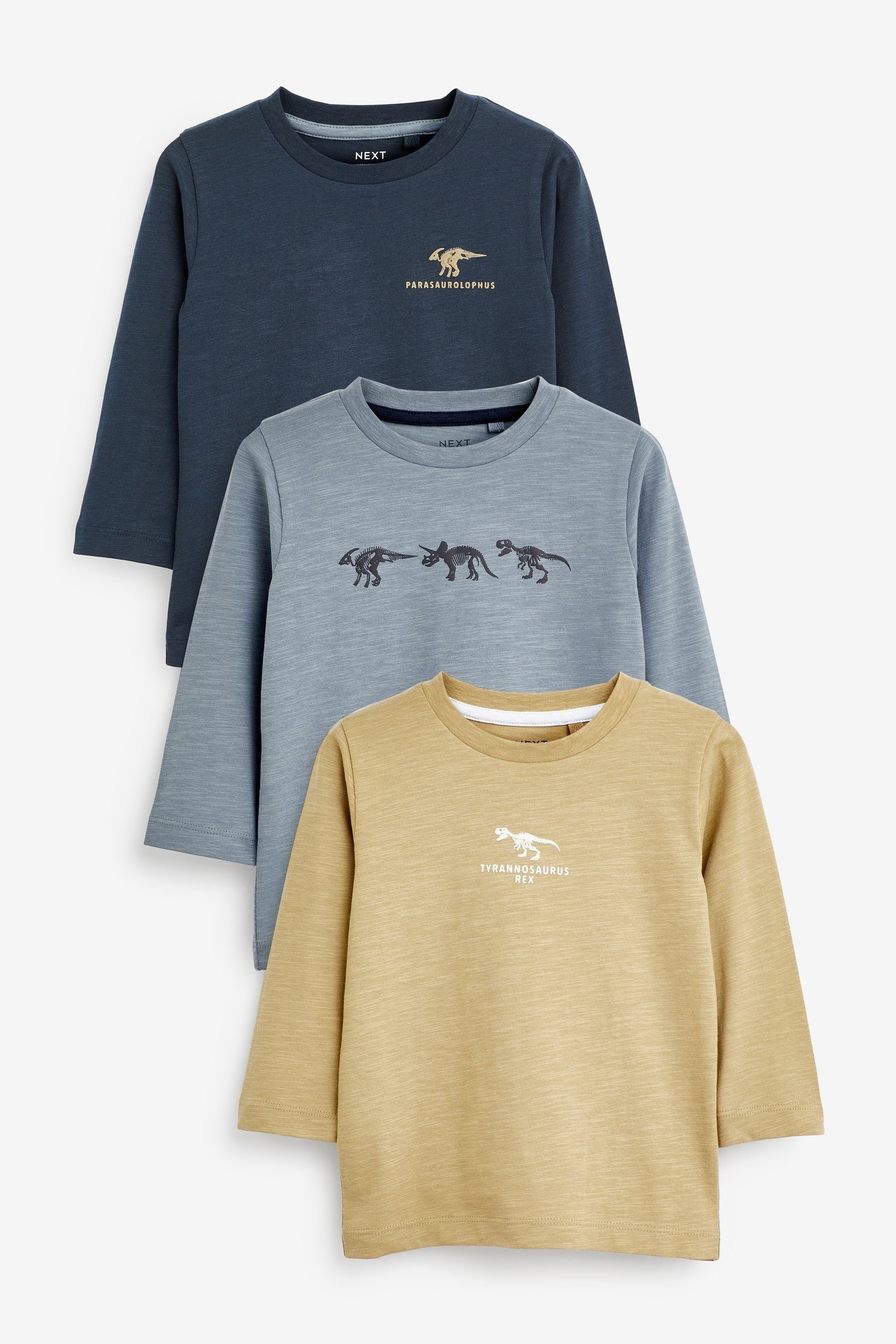 Navy mit (3-tlg) Blue/Khaki Figurenmotiv Dinosaurs im 3er-Pack Langärmelige Green Next Langarmshirt Shirts Mini