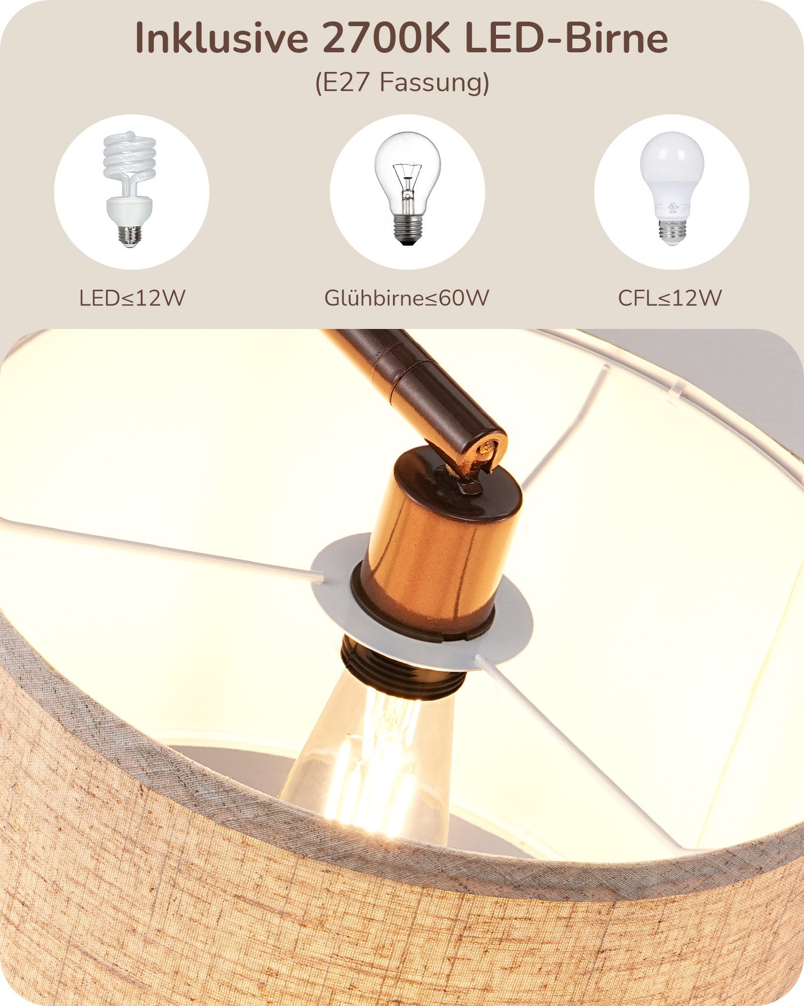 EDISHINE Stehlampe Wohnzimmer, mit E27 LED-Glühbirne, warmweiß, 161cm Bogenlampe mit Leinen-Lampenschirm