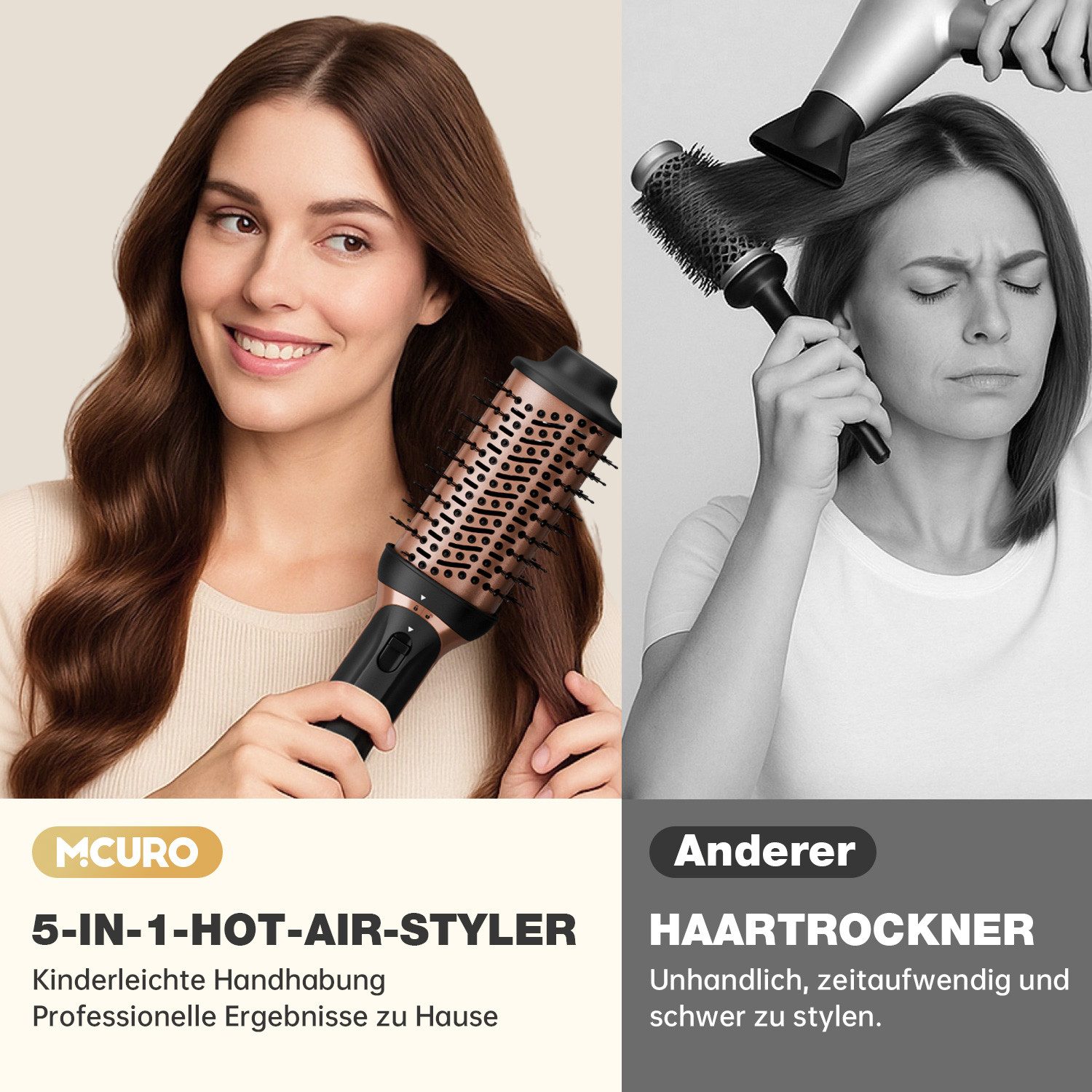 MCURO Warmluftbürste 5 in 1 Hairstyler, Föhnbürste zum Trocknen und Stylen in One Step, 1200W Leistung für schnelles Styling 3 Temperaturen,Keramik
