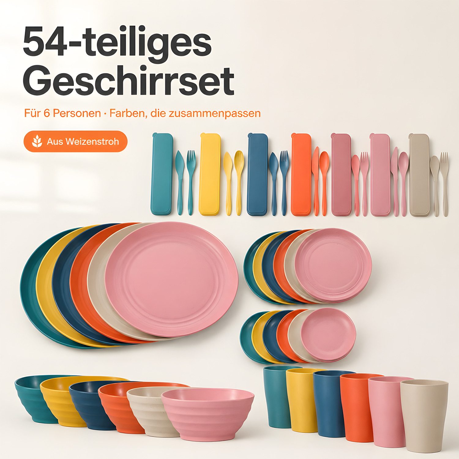 SURFOU Kombiservice Geschirr-Set 54 Teiliges Unzerbrechliches Wiederverwendbar Camping (54-tlg), für 6 Personen Plastikgeschirr Picknick Leicht Bunt Grill Kunst – Bild 2 von 5