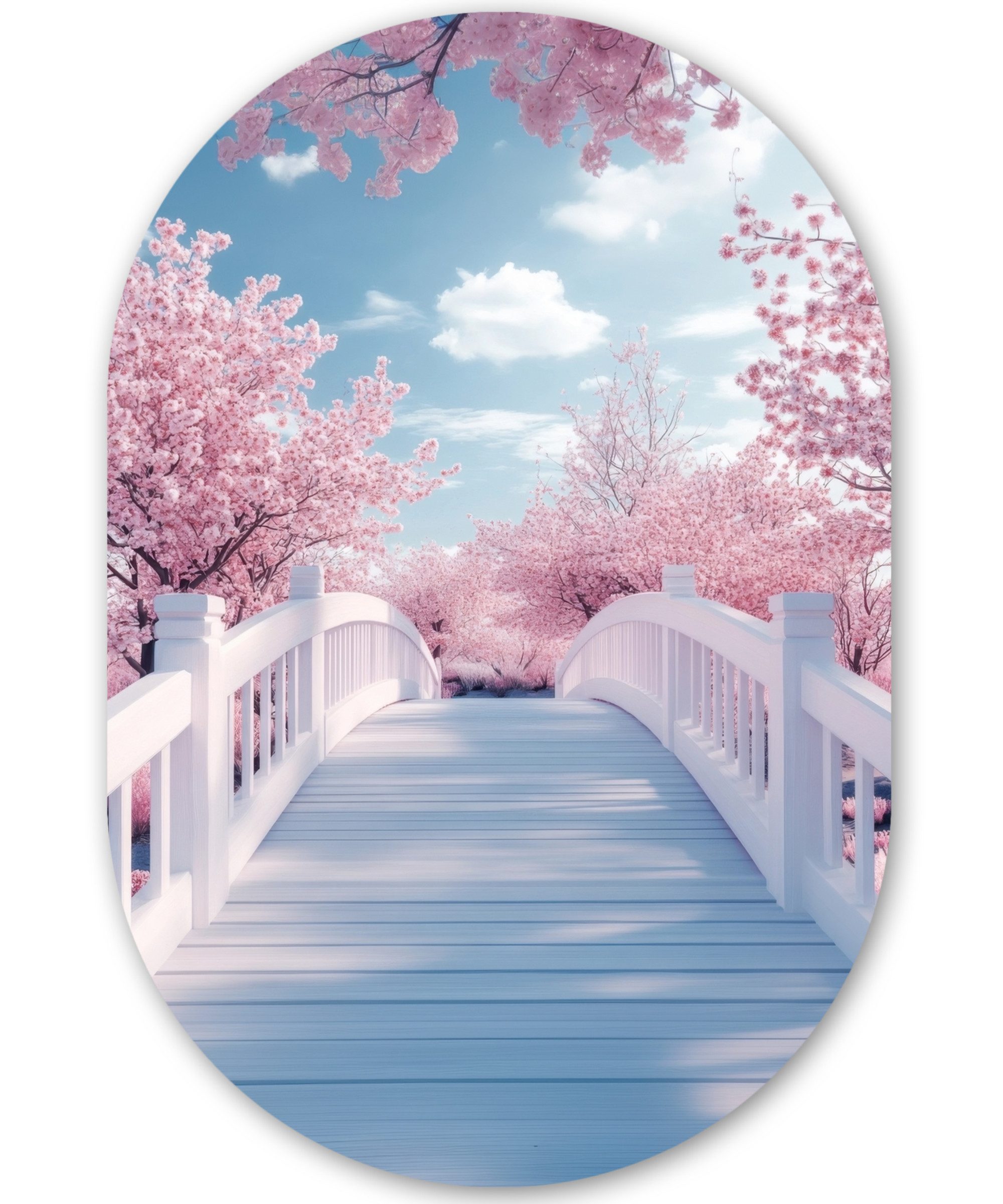 MuchoWow Gemälde Brücke - Kirschbäume - Weiß, Fotodruck (1 St), Wandbild Oval, Wohnzimmer oder Schlafzimmer Wanddekoration, 40x60 cm