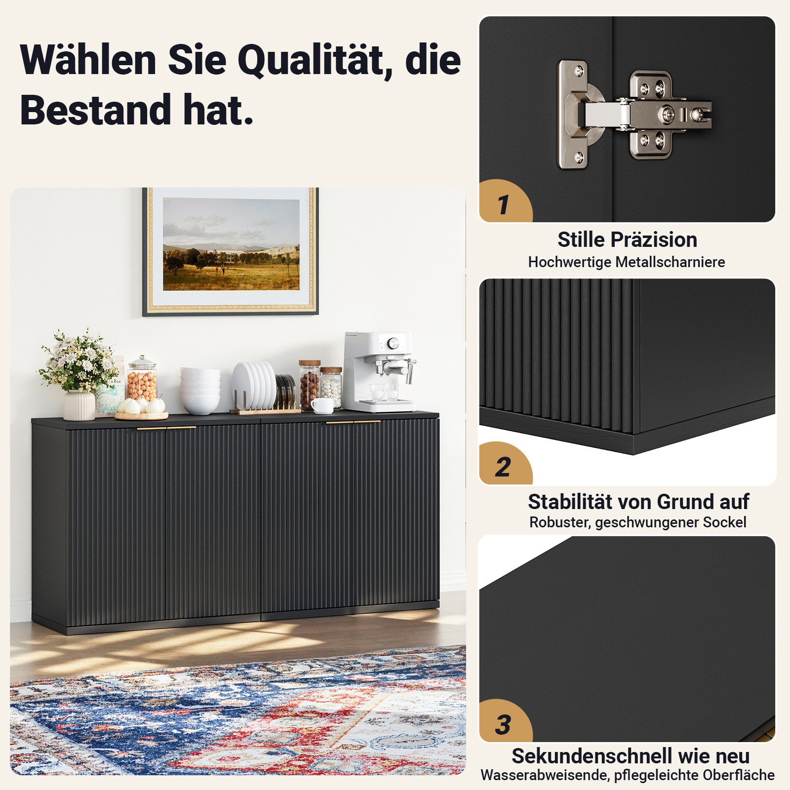MODFU Sideboard Aufbewahrungsschrank mit Faltenfront (Schrank, Metallgriff, für Wohnzimmer & Schlafzimmer, Küchenschrank Anrichte 60x30x70 cm)