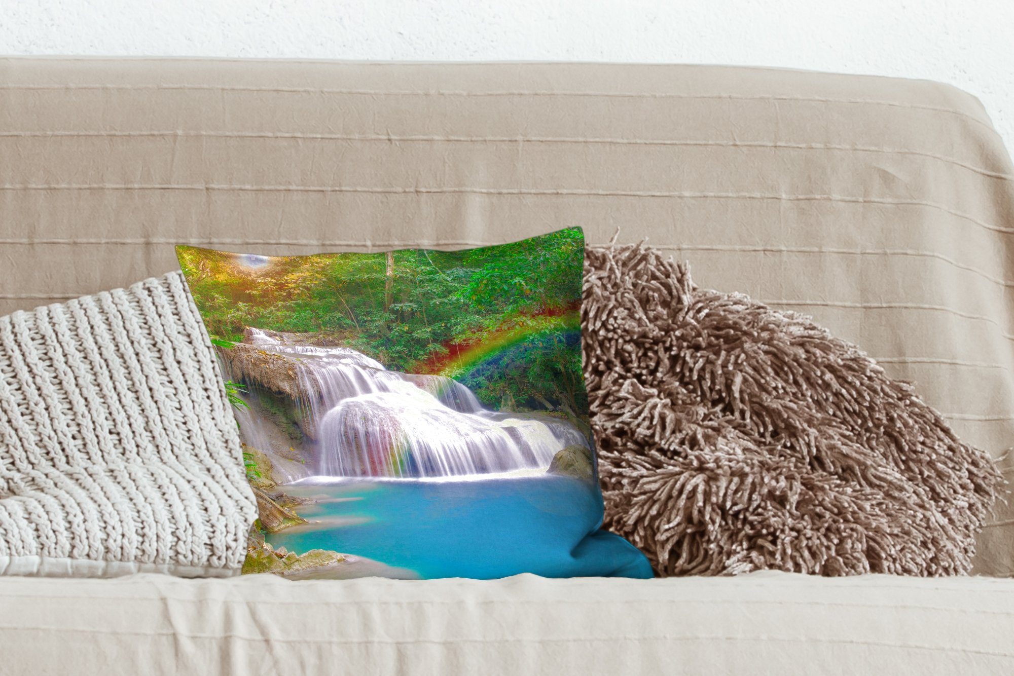 - Wohzimmer, Sofakissen Sonne für - Dekokissen Deko, - Zierkissen Natur, mit MuchoWow Regenbogen Füllung Wasserfall Schlafzimmer,