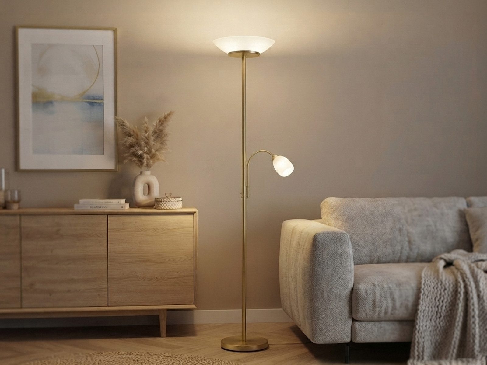 Reality Leuchten LED Deckenfluter mit Leselampe & Glasschirm, Höhe 180cm, Lesearm, LED wechselbar, Warmweiß, große Stehlampe, Wohnzimmer Lampe stehend zum Lesen mit Leselicht