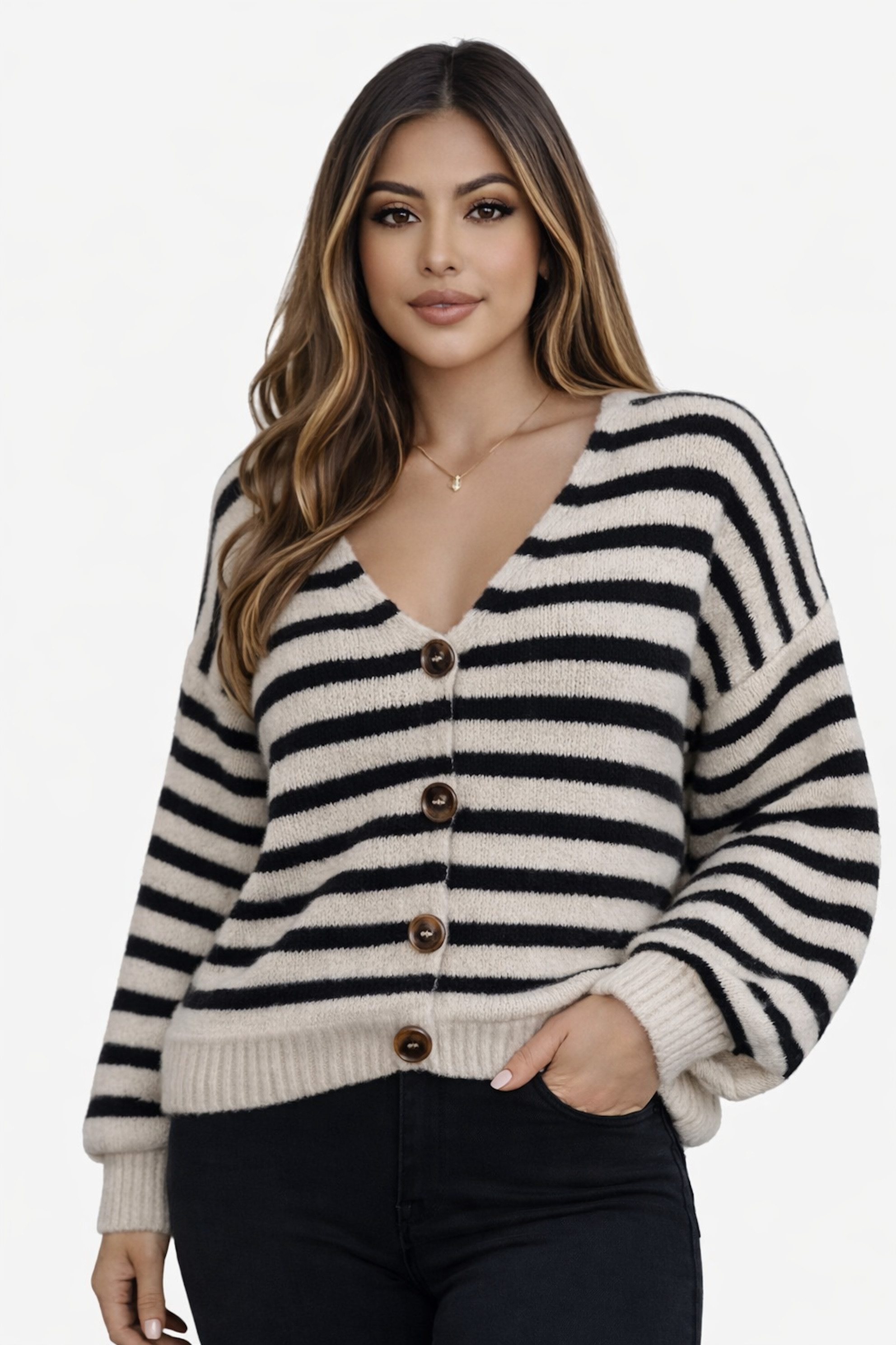 Worldclassca Cardigan WORLDCLASSCA Strick Cardigan Knopf Strickpullover Gestreift Streifen Neue Kollektion - Stilvolle und gemütliche Strickmode für Damen