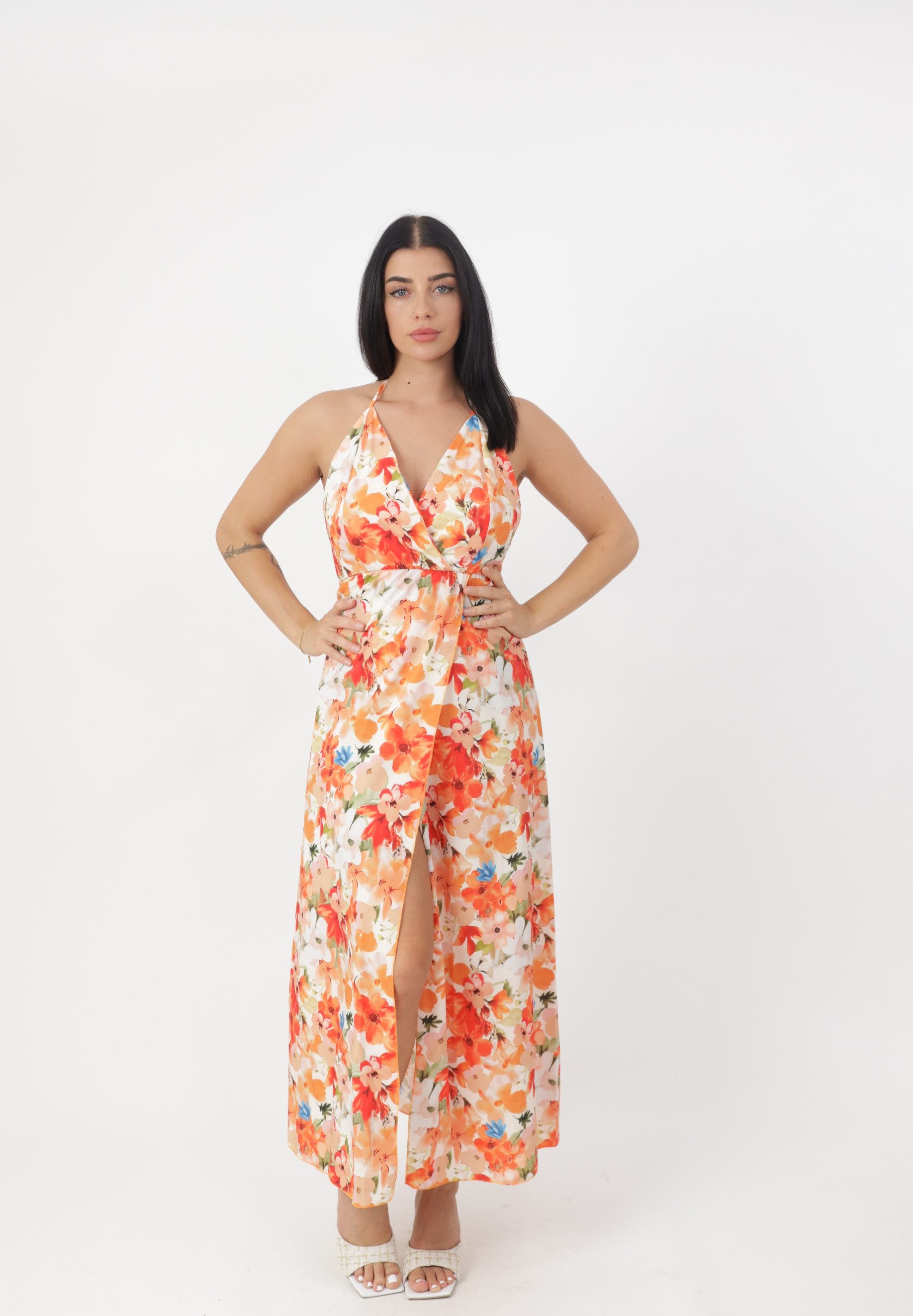 Elara Midikleid Neckholder Maxikleid mit V-Ausschnitt und Beinschlitz