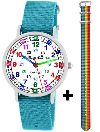 Pacific Time Quarzuhr mit 2 Tausch Armbändern hellblau und Regenbogen Einhorn Look 12938, - Gratis Versand