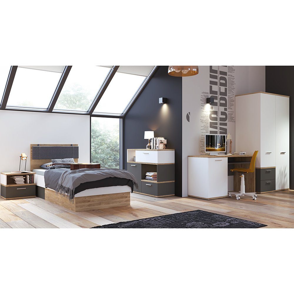 Jugendzimmer-Set Nb. cm 90x200 grau Bett und 5-tlg), mit in weiß TOMAR-129, Eiche (Sparset, Lomadox mit Komplett Set